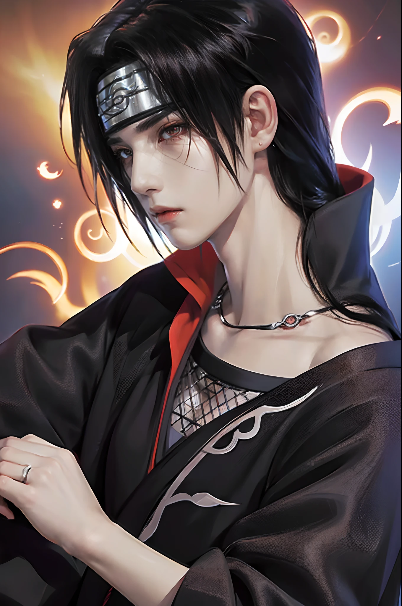 ((4K works))、masterpiece、(top-quality)、((high-level image quality))、((One Manly Boy))、Slim body、((Date Cosplay))、((Uchiha Itachi))、((Cosplay))、(Detailed beautiful eyes)、((Smaller face))、((Neutral face))、((18year old))、((Handsome man))、((photo of a model))、((Like a celebrity))、Professional Photos、((cosplay foto))、((Shot alone))、((shot from a side angle))、((Naruto's Akatsuki Costume))
