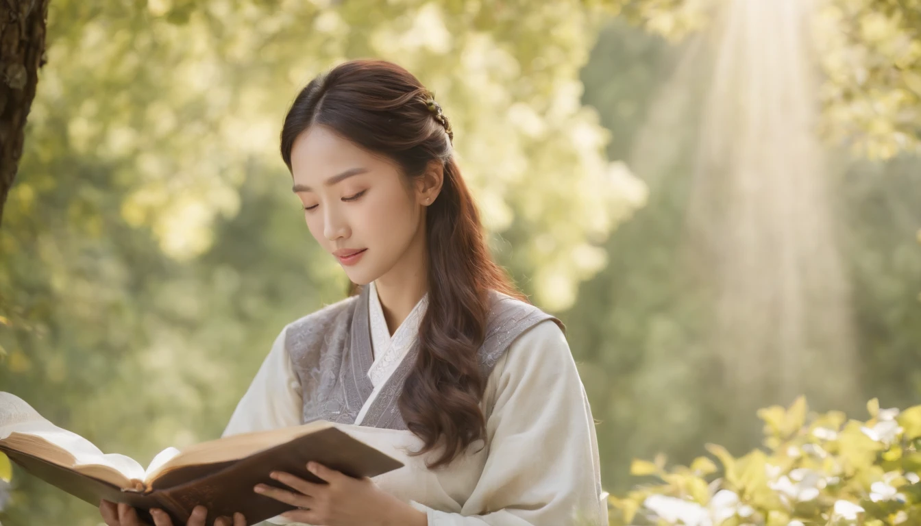 (Best Quality,Ultra-detailed,realisitic:1.37),portrait of a,Korean men and women reading the Bible,Oil Painting,Traditional Korean Costume,Peaceful garden scene,Soft sunlight,tranquil expression,wisdom,Bible Quotes,vibrant colours,delicate brushwork,subtle textures,lush greenery,Contemplative atmosphere,Beautiful picture book,Highlighted features:Eyes in focus,gentle smiling,Graceful posture,Sunlight shining through the trees,rays,Quiet surroundings,serene ambiance,A Blessed Moment