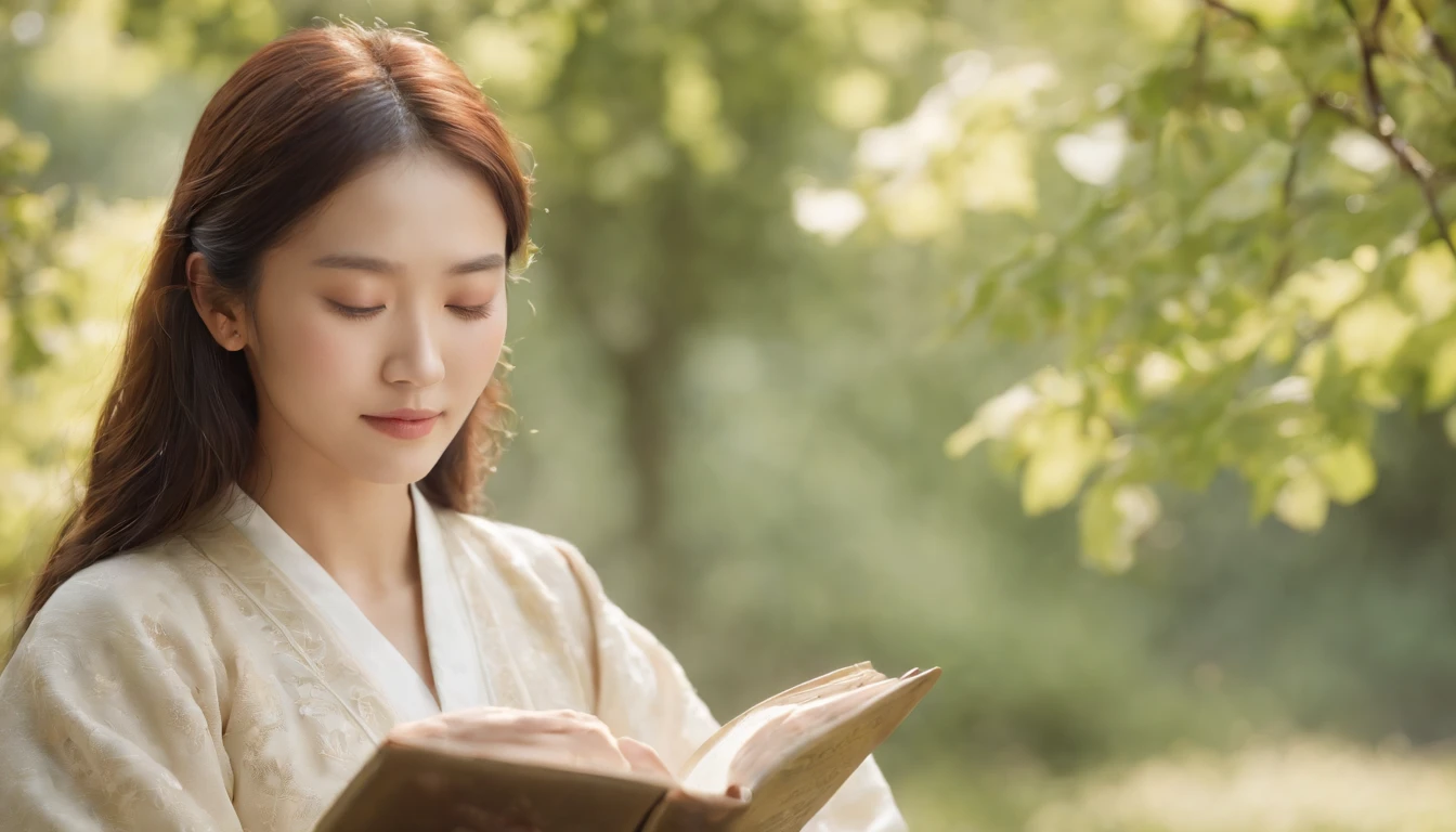 (Best Quality,Ultra-detailed,realisitic:1.37),portrait of a,Korean men and women reading the Bible,Oil Painting,Traditional Korean Costume,Peaceful garden scene,Soft sunlight,tranquil expression,wisdom,Bible Quotes,vibrant colours,delicate brushwork,subtle textures,lush greenery,Contemplative atmosphere,Beautiful picture book,Highlighted features:Eyes in focus,gentle smiling,Graceful posture,Sunlight shining through the trees,rays,Quiet surroundings,serene ambiance,A Blessed Moment