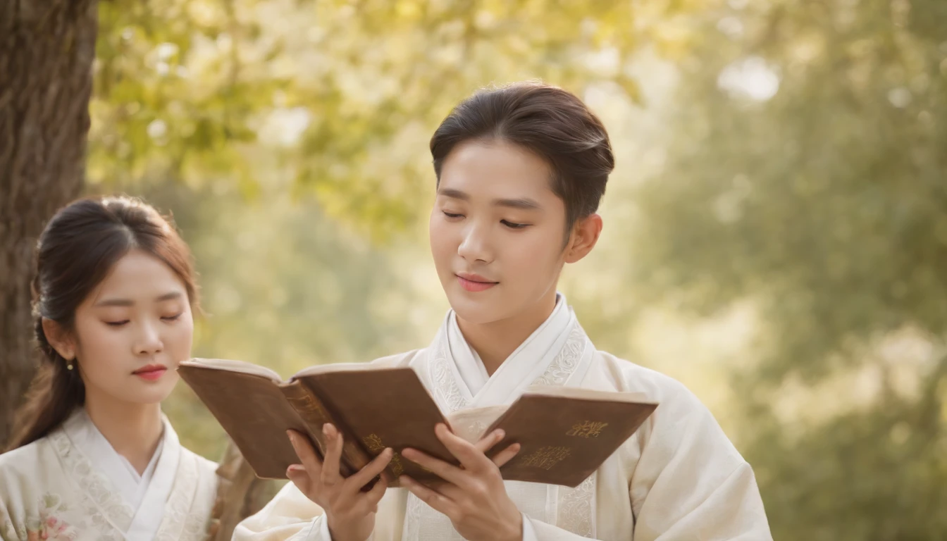 (Best Quality,Ultra-detailed,realisitic:1.37),portrait of a,Korean men and women reading the Bible,Oil Painting,Traditional Korean Costume,Peaceful garden scene,Soft sunlight,tranquil expression,wisdom,Bible Quotes,vibrant colours,delicate brushwork,subtle textures,lush greenery,Contemplative atmosphere,Beautiful picture book,Highlighted features:Eyes in focus,gentle smiling,Graceful posture,Sunlight shining through the trees,rays,Quiet surroundings,serene ambiance,A Blessed Moment