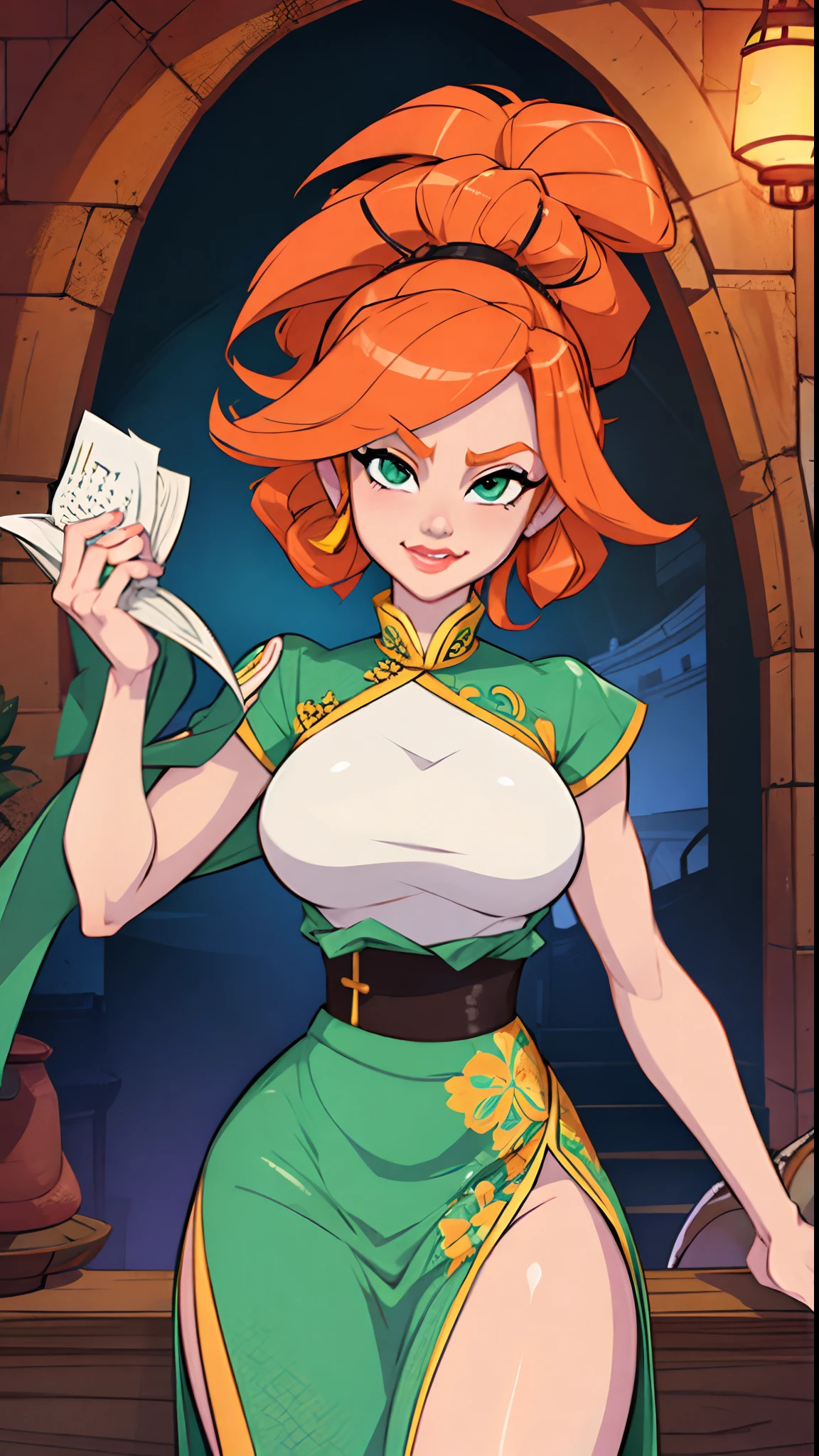 NSFW,Colorful portrait illustration, (attractive female as a Wizard, ponytail, wear_length_Flowing_green_Complicated_embroidery_Wizard_Robe), (necklace, Pouch, belt, smile, Very detailed face, masterpiece, Highest quality), Very detailed, (In the dungeons), magician_Grams, (A large, glowing circle of runes), Fire and Ice, Casting a Spell, Ultra-high resolution,pussy juice,