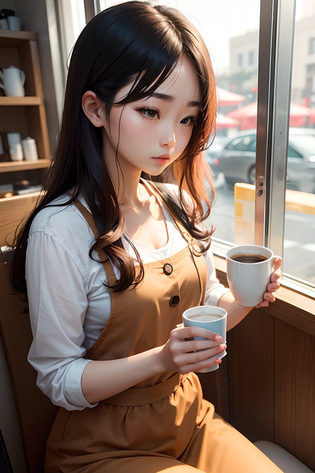 A Korean woman in her 20s is combing her hair with her hands while holding coffee in a cafe.