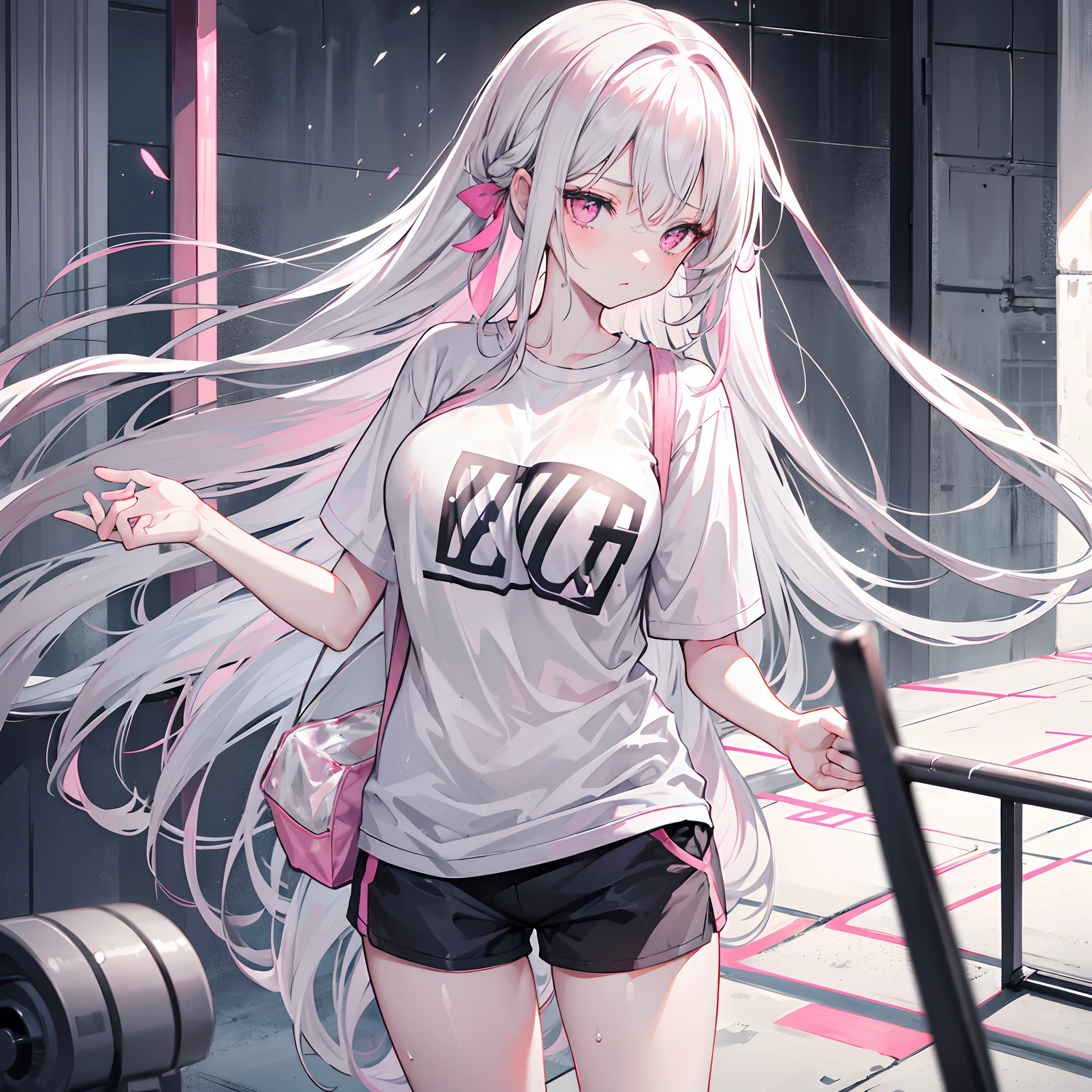 Long pale gray hair scattered,Hair is slightly curled,Pink eyes,Loving pupils,girl,huge tit,White sports shorts,white short sleeve,Clothes drenched in sweat,Stand a word horse,
