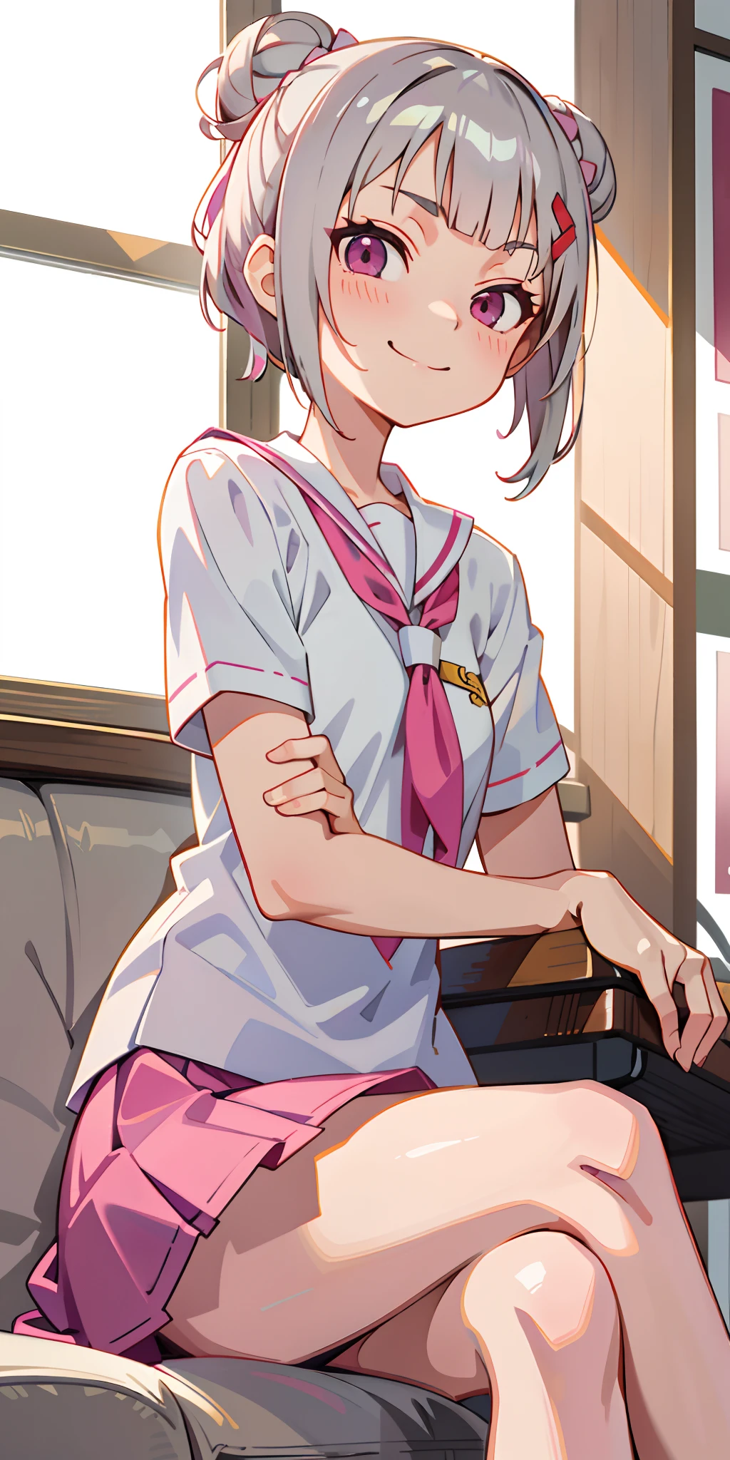 (masutepiece), Expressive eyes, Perfect face, 1 girl、Short hairstyle with silver hair and bob, Hair tied in a bun with a hair clip, Pink eyes, Seductive smile, School uniform, Miniskirt, ((crossed legs)), nice thigs