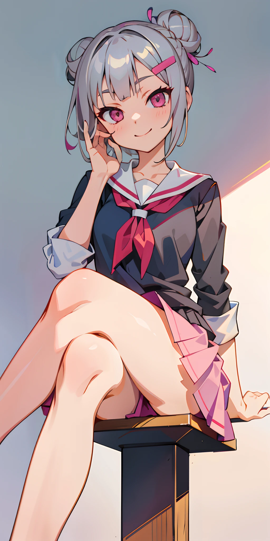(masutepiece), Expressive eyes, Perfect face, 1 girl、Short hairstyle with silver hair and bob, Hair tied in a bun with a hair clip, Pink eyes, Seductive smile, School uniform, Miniskirt, ((crossed legs)), nice thigs
