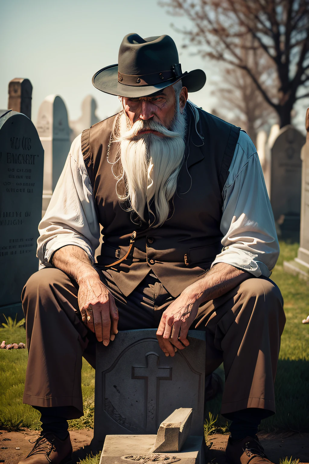 Old gravedigger with white beard sitting in a grave in the cemetery