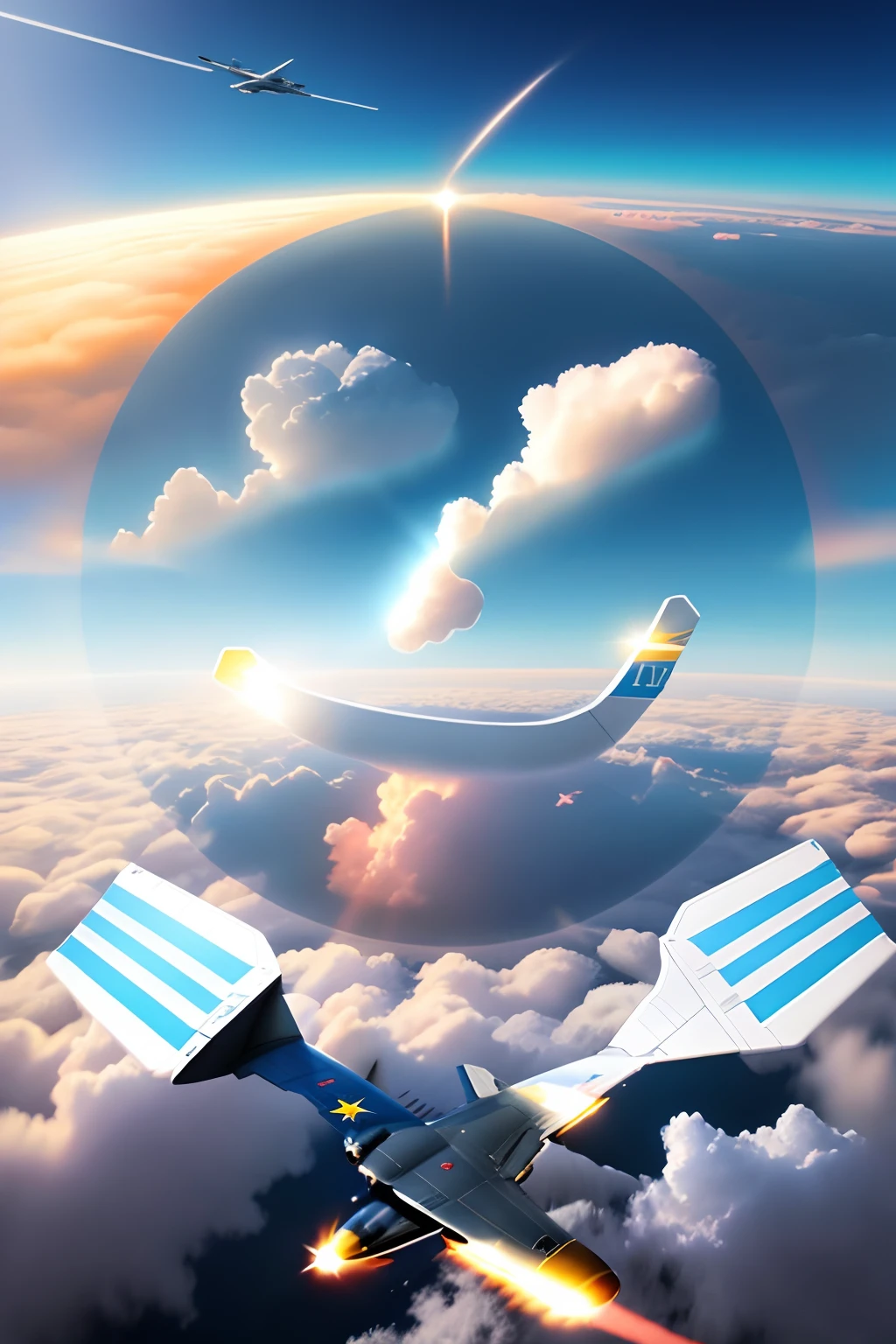 Clouds in the sky, A lot of modern military fighters fly around,painting,Extremely detailed clouds,Breathtaking landscapes,hight resolution,Vivid colors,contrast lighting