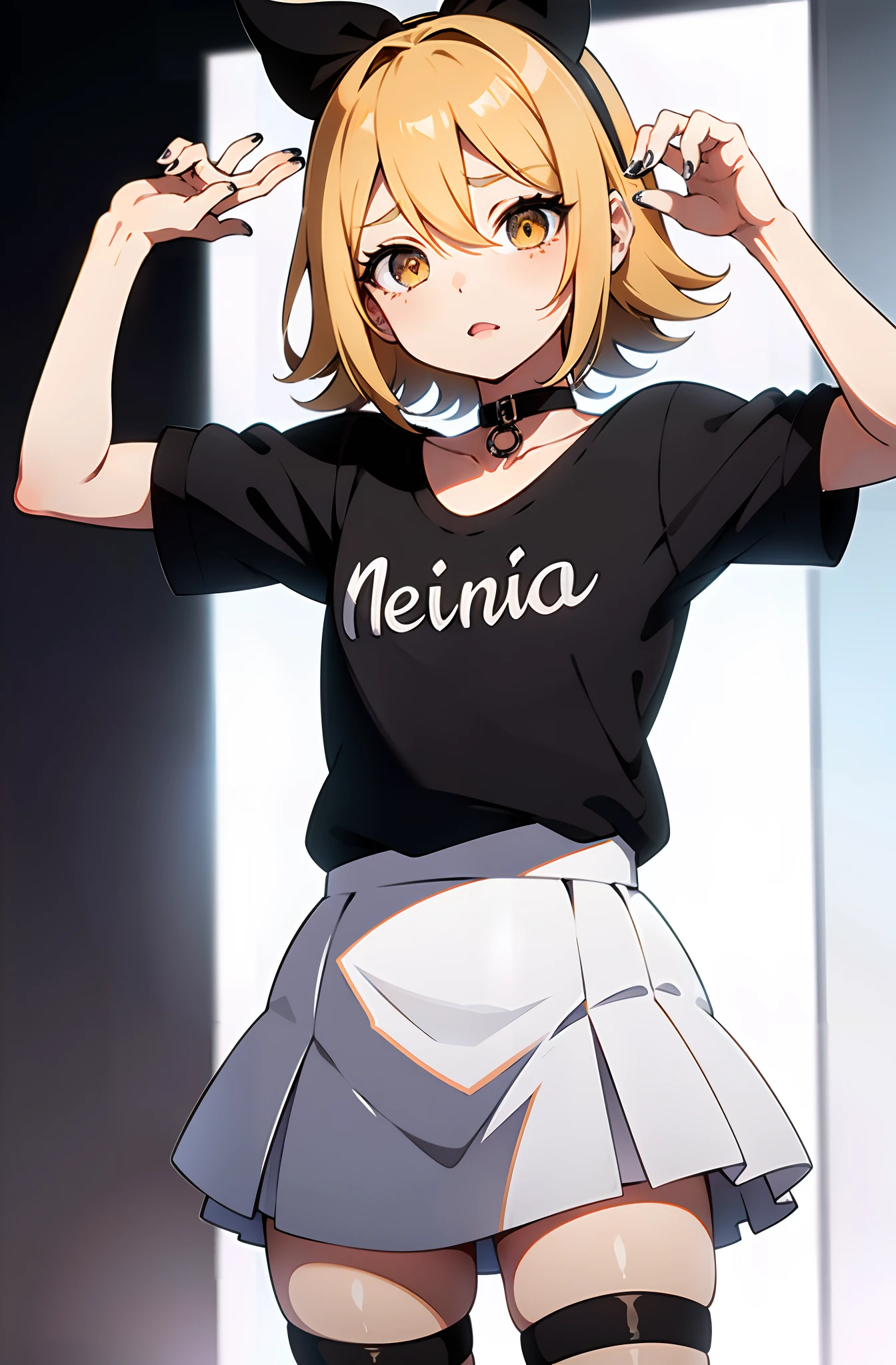 mejor calidad, ultra-high-resolution , kagamine rin , camisa blanca sin mangas con botones, falda negra, gargantilla negra, lindo, (Kpop idol), (aegyo sal: 1), (pelo rubio platino: 1), ((ojos hinchados)), mirando en el espectador, cuerpo completo, mirando hacia el frente
