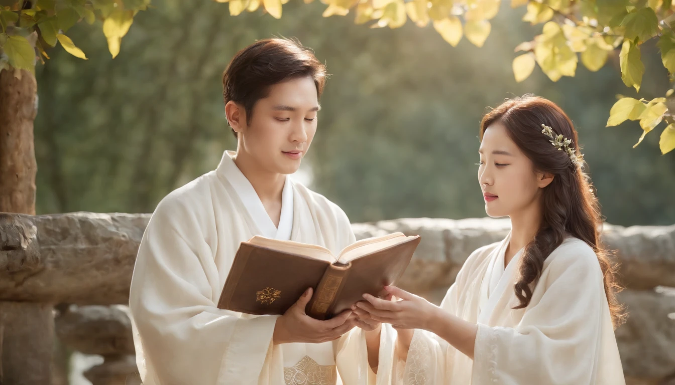 (Best Quality,Ultra-detailed,realisitic:1.37),portrait of a,Korean men and women reading the Bible,Oil Painting,Traditional Korean Costume,Peaceful garden scene,Soft sunlight,tranquil expression,wisdom,Bible Quotes,vibrant colours,delicate brushwork,subtle textures,lush greenery,Contemplative atmosphere,Beautiful picture book,Highlighted features:Eyes in focus,gentle smiling,Graceful posture,Sunlight shining through the trees,rays,Quiet surroundings,serene ambiance,A Blessed Moment