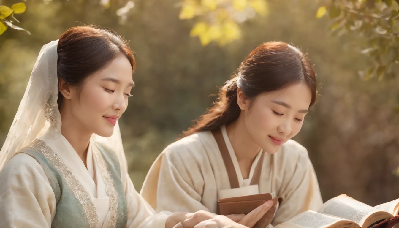 (Best Quality,Ultra-detailed,realisitic:1.37),portrait of a,Korean men and women reading the Bible,Oil Painting,Traditional Korean Costume,Peaceful garden scene,Soft sunlight,tranquil expression,wisdom,Bible Quotes,vibrant colours,delicate brushwork,subtle textures,lush greenery,Contemplative atmosphere,Beautiful picture book,Highlighted features:Eyes in focus,gentle smiling,Graceful posture,Sunlight shining through the trees,rays,Quiet surroundings,serene ambiance,A Blessed Moment