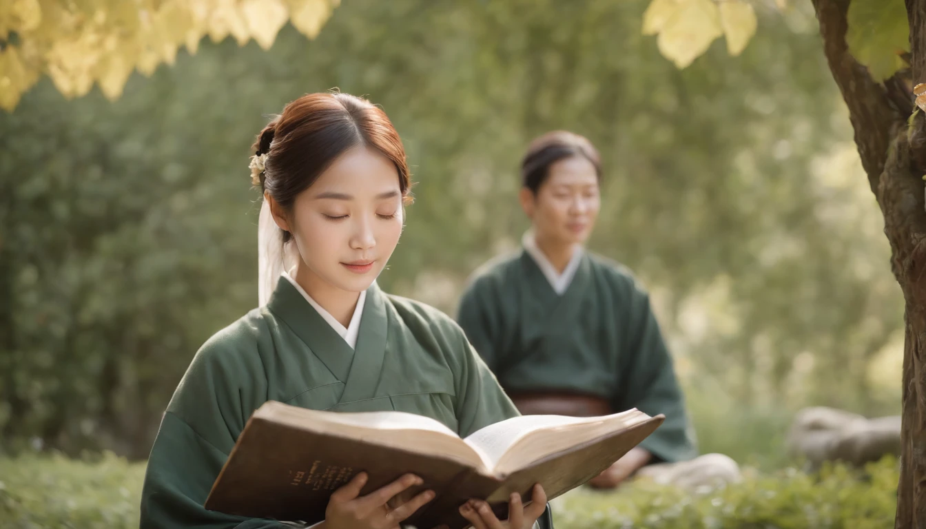 (Best Quality,Ultra-detailed,realisitic:1.37),portrait of a,Korean men and women reading the Bible,Oil Painting,Traditional Korean Costume,Peaceful garden scene,Soft sunlight,tranquil expression,wisdom,Bible Quotes,vibrant colours,delicate brushwork,subtle textures,lush greenery,Contemplative atmosphere,Beautiful picture book,Highlighted features:Eyes in focus,gentle smiling,Graceful posture,Sunlight shining through the trees,rays,Quiet surroundings,serene ambiance,A Blessed Moment