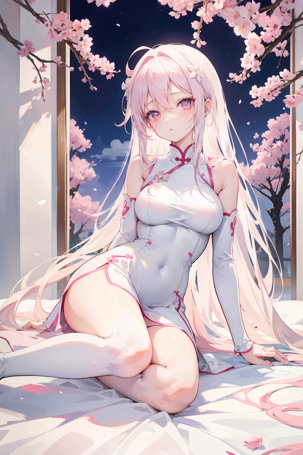 anime girl, beautiful pastel pink eyes, long white hair, in a beautiful skintight white qipao, bare legs, good anatomy, laying on a beautiful bed with sakura trees outside the window, 8k, high resolution