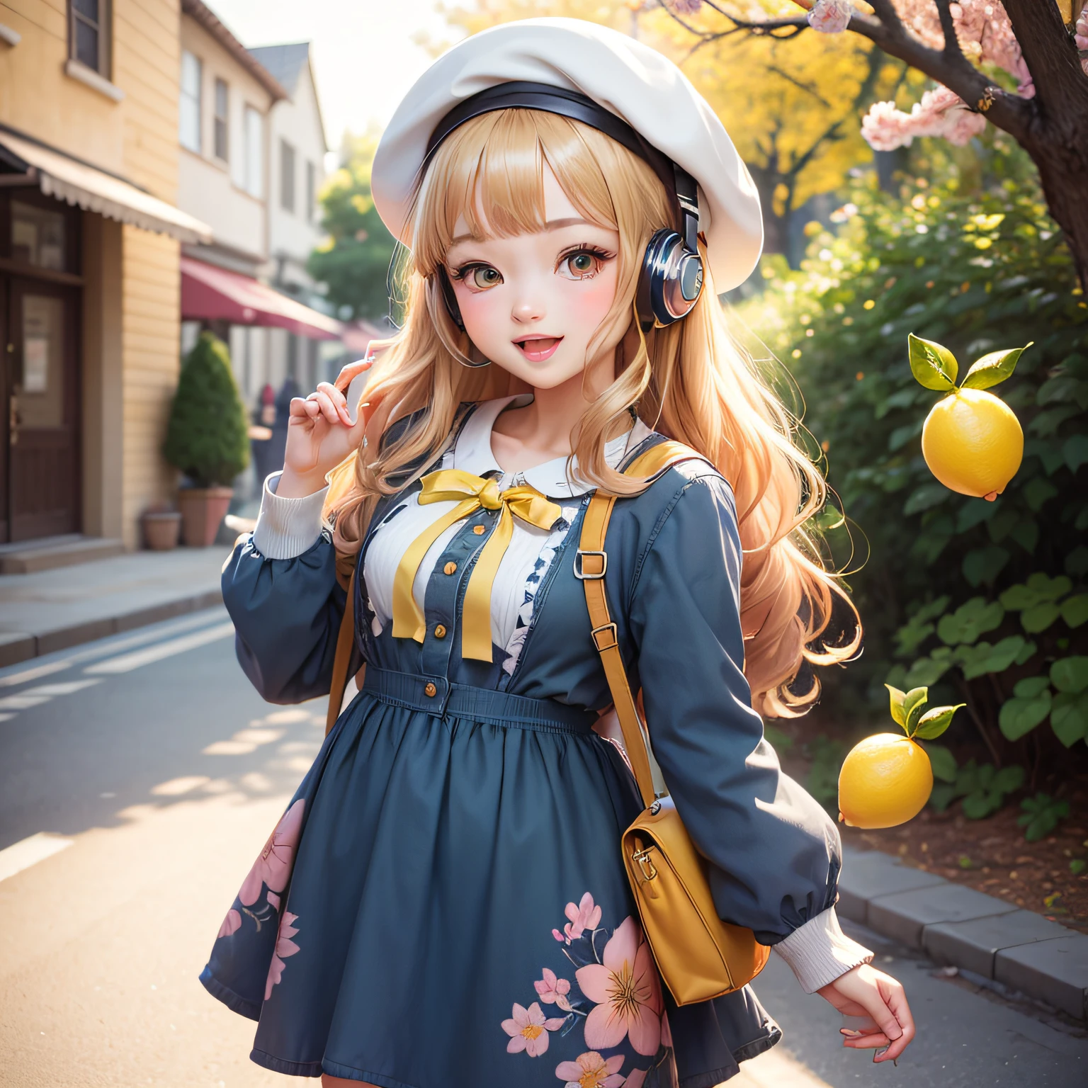 (masterpiece),(best quality),(ultra-detailed), (full body:1.2),
1girl,chibi,cute, smile, open mouth,
flower, outdoors,beret, holding lemon backpack, jacket, blush, tree, :3, shirt, wavy blonde hair, cherry blossoms, blurry, blush stickers, long sleeves, bangs, headphones, orange flower, lemon earrings, lemon iprinted dress
(beautiful detailed face), (beautiful detailed eyes),