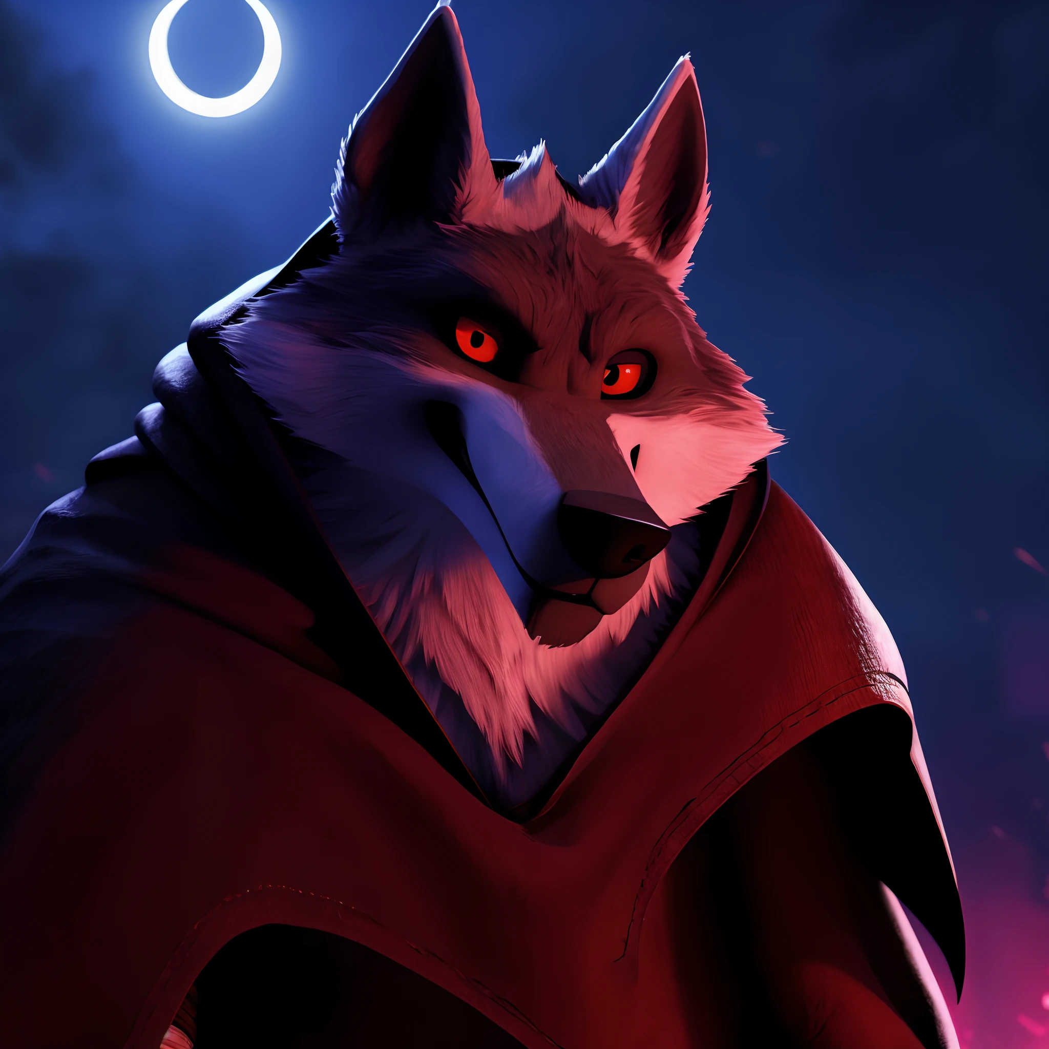 male, solo, anthro, wolf, death \(puss in boots\), red eyes, black sclera, long mouth, white body, facial markings, cape, hood, belt, topwear, bottomwear, fluffy fur, moonlight, hyper detailed, ultra realistic, unreal engine 5, studio lighting, cinematic, High Detail, dramatic, cinematic, 8k, highres