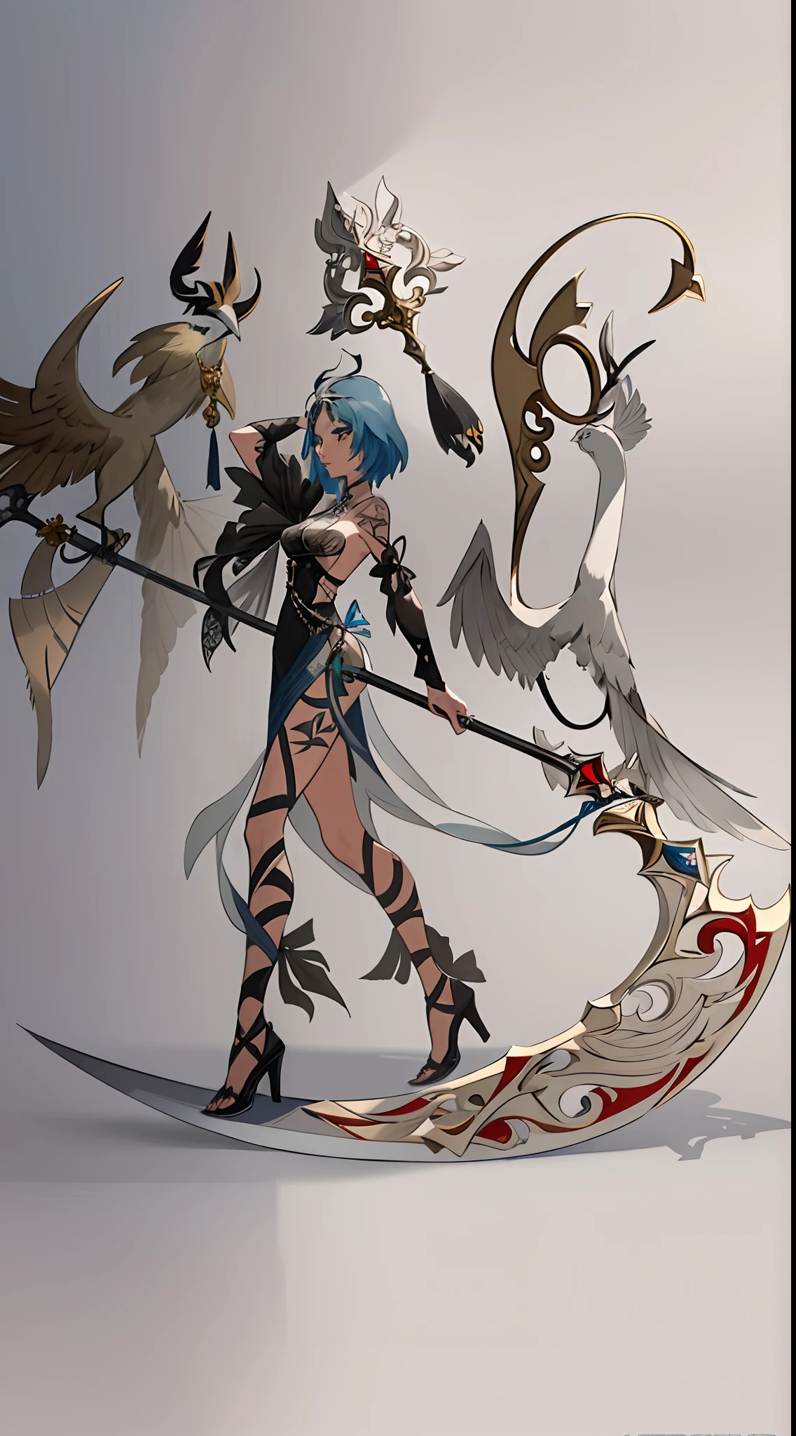 A man draws with a sword and a bird on a surfboard, inspired by Wilfredo Lam, inspired by Wifredo Lam, scythe design, unknown artstyle, Fantasy Scythe, painted in the style arcane, !!!Anthropomorphic!!!, art painting, sketchy artstyle, spirit fantasy concept art, Amaterasu, thoth, with leviathan axe