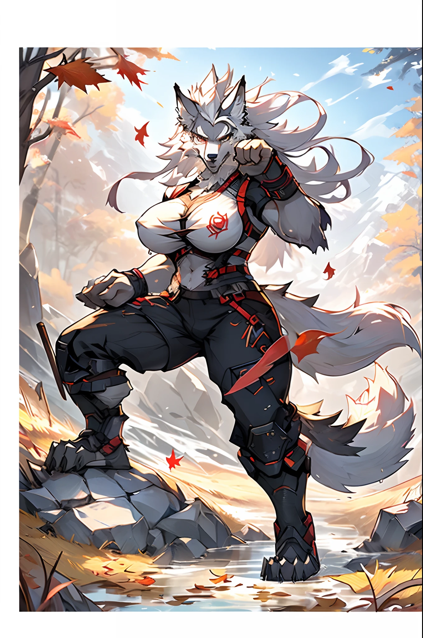 masterpiece,best quality,(1girl:1.1),(solo:1.1),muscular female,hi res,8k hd,extreme detail,detailed background,masterpiece,muscular,muscular anthro,(sweat:1.4),aged up,(looking at viewer:1.1),[(white background:1.4), ::2],solo,mid shot,full body,meadow,(Fallen leaves:1.1),grass,(Maple leaf:1.1),(rock:1.1),Stream,(rivers:1.1),fight pose, (langshu:1.3),wolf girl, hair,Thick eyebrows,grey body,wolf ears,white hair,long hair,wolf tail,claw,by lindong,by null-ghost,big breast, curvy