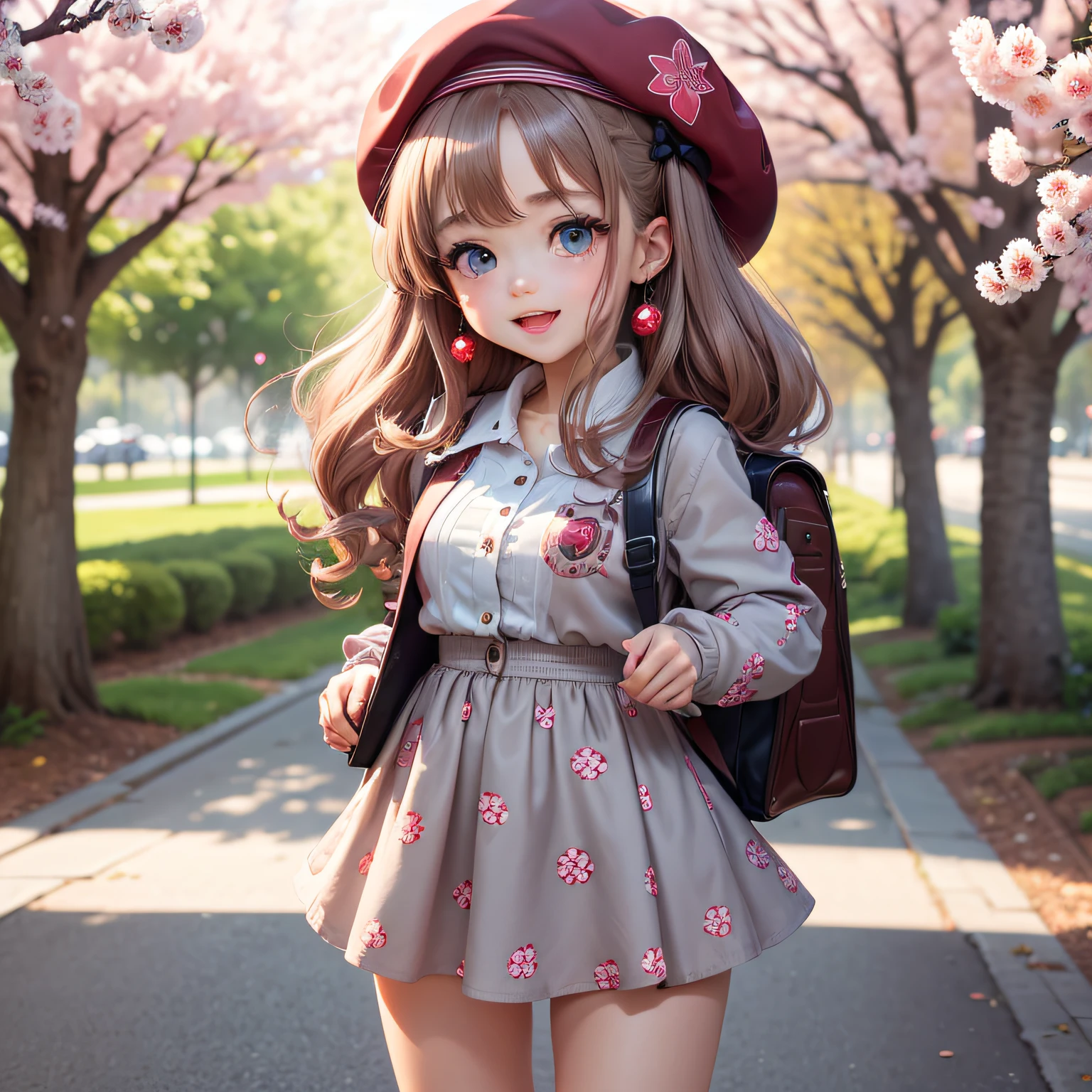 (masterpiece),(best quality),(ultra-detailed), (full body:1.2), 1girl,chibi,cute, smile, open mouth, flower, outdoors,beret, holding cherries printed backpack, jacket, blush, tree, :3, shirt, cherry red wavy hair, cherry blossoms, blurry, blush stickers, long sleeves, cherry red flower, cherries earrings, cherries printed dress (beautiful detailed face), (beautiful detailed eyes),grey eyes