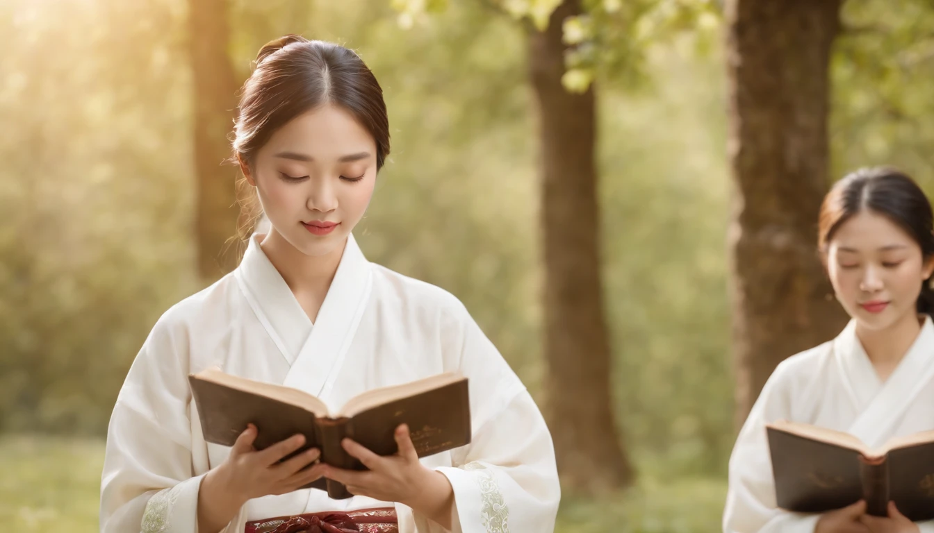 (Best Quality,Ultra-detailed,realisitic:1.37),portrait of a,Korean men and women reading the Bible,Oil Painting,Traditional Korean Costume,Peaceful garden scene,Soft sunlight,tranquil expression,wisdom,Bible Quotes,vibrant colours,delicate brushwork,subtle textures,lush greenery,Contemplative atmosphere,Beautiful picture book,Highlighted features:Eyes in focus,gentle smiling,Graceful posture,Sunlight shining through the trees,rays,Quiet surroundings,serene ambiance,A Blessed Moment