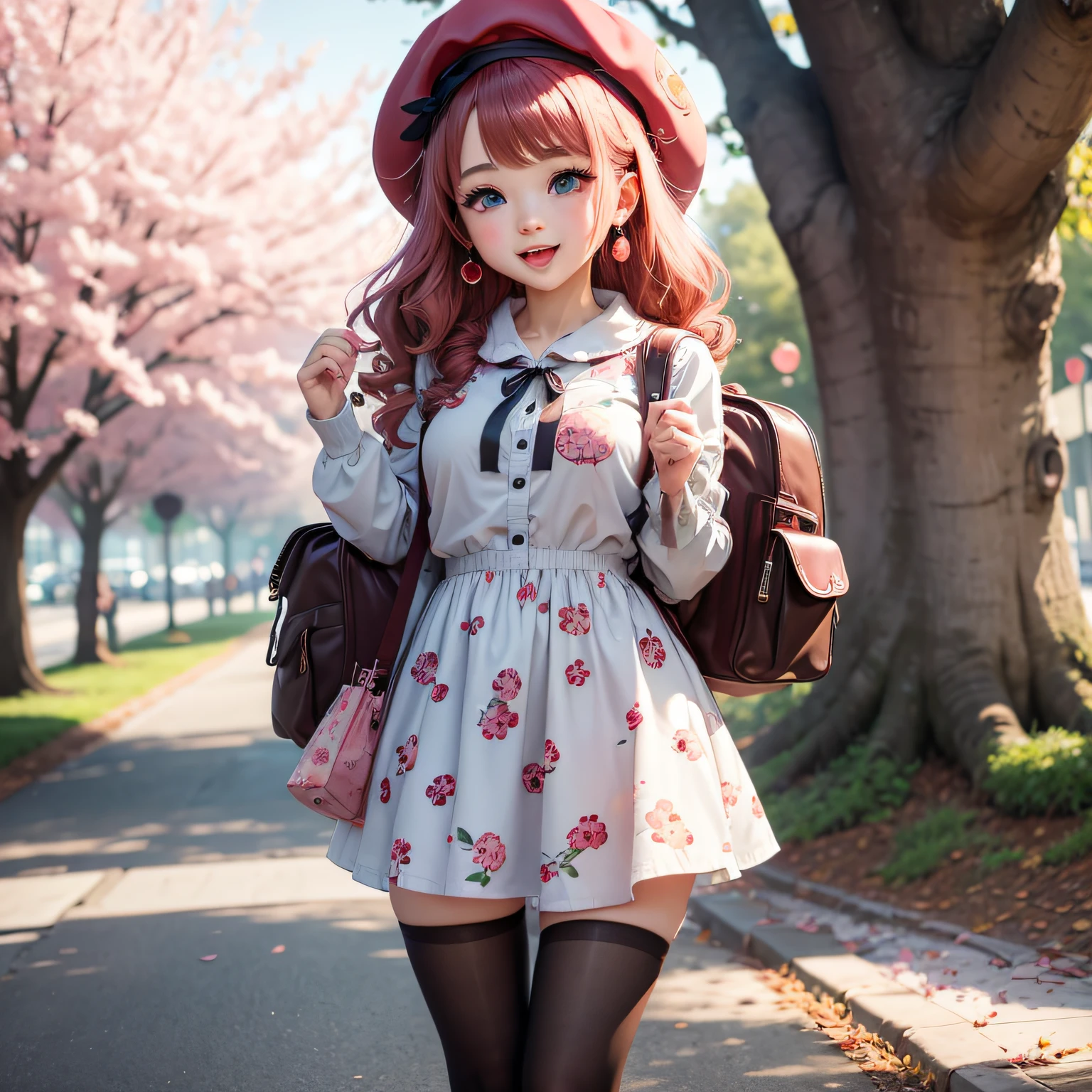 (masterpiece),(best quality),(ultra-detailed), (full body:1.2), 1girl,chibi,cute, smile, open mouth, flower, outdoors,beret, holding cherries printed backpack, jacket, blush, tree, :3, shirt, cherry red wavy hair, cherry blossoms, blurry, blush stickers, long sleeves, cherry red flower, cherries earrings, cherries printed dress (beautiful detailed face), (beautiful detailed eyes),grey eyes