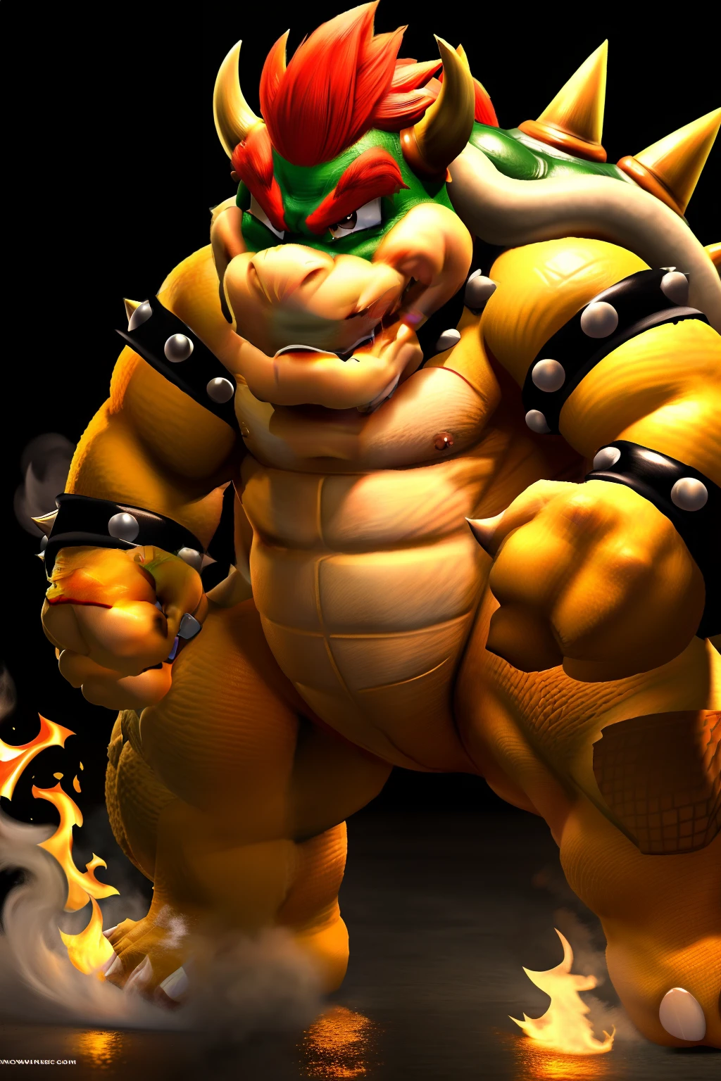 A male, fat, squatting, Bowser Koopa, with a penis and nipples, Birthing eggs through the penis, Sperm everywhere, Bowser is wearing glossy white rubber gloves on the hands and feet, Bowser is wearing a glossy black leather dog collar around the neck with silver studs around the collar, Bowser Koopa is clenching fists, clenching teeth, evil grin, orgasm face, white rubber gloves are rubber in texture, white gloves.