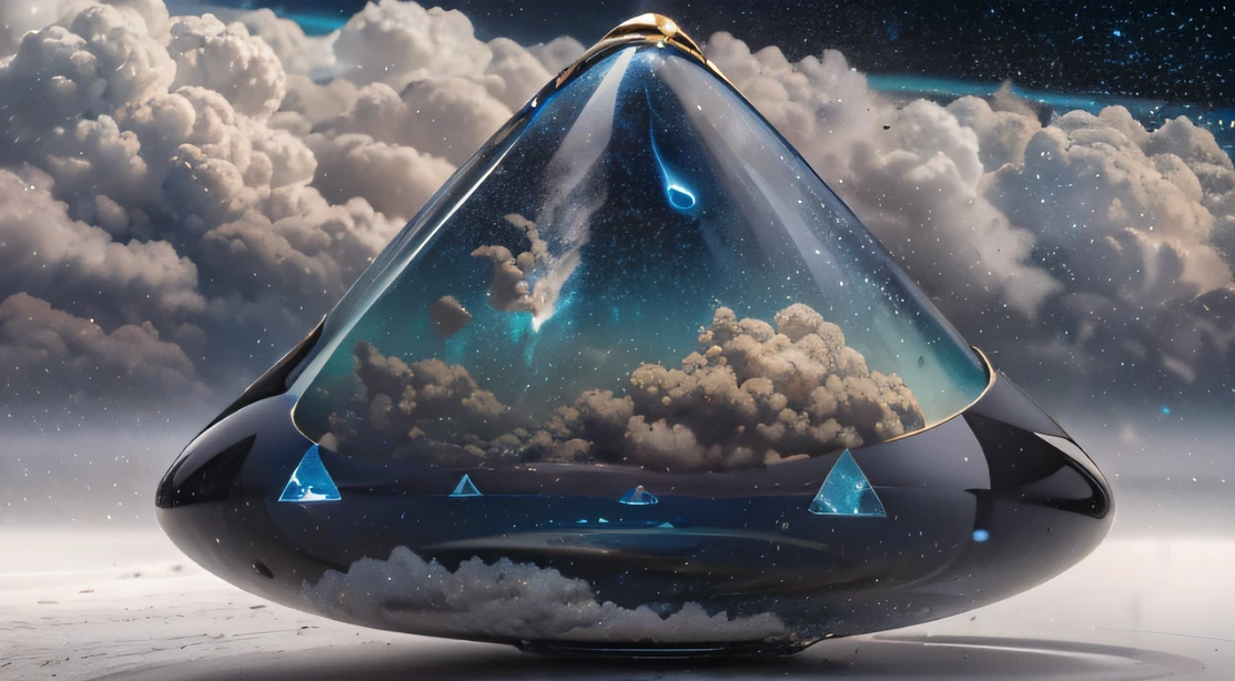 Miniature teardrop-shaped opaque crystal cosmic elliptical ship,,Skysky,dark stormy clouds,Sky full of lightning, It will be a thunderstorm,top angle:Observation from the top of the object,The top and bottom of the object can be seen。