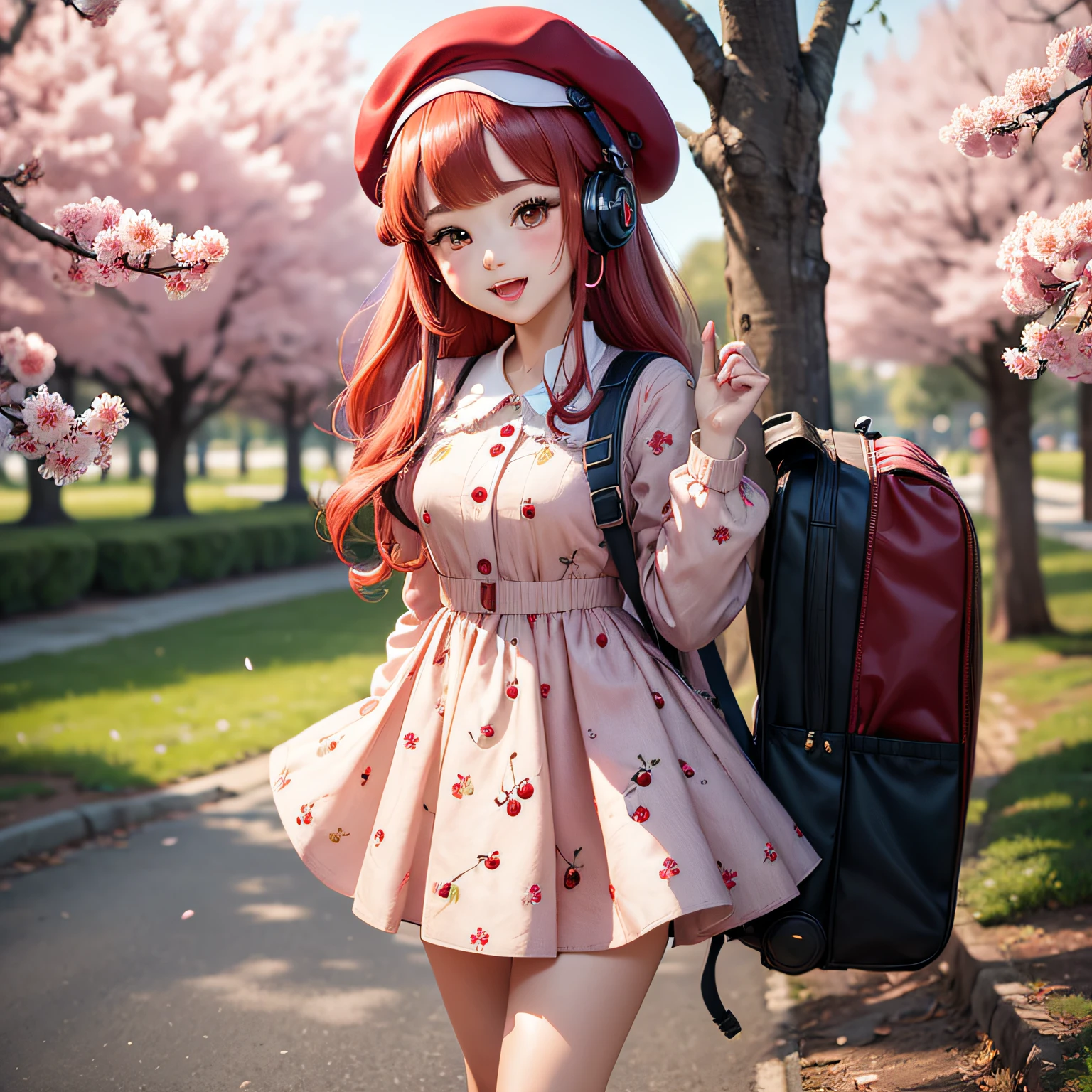 (masterpiece),(best quality),(ultra-detailed), (full body:1.2), 1girl,chibi,cute, smile, open mouth, flower, outdoors,beret, holding cherries printed backpack, jacket, blush, tree, :3, shirt, cherry red hair, cherry blossoms, blurry, blush stickers, long sleeves, bangs, headphones, red flower, cherries earrings, cherries printed dress (beautiful detailed face), (beautiful detailed eyes),
