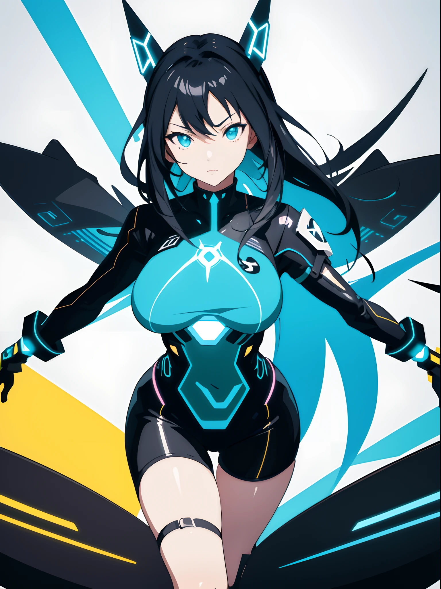 anime big breast, Black and blue, Character, Flying, Flying, Flying, colors of tron legacy, vectorial art, 2 d vector art, 2d vector art, black and cyan color scheme, inspired by Kilian Eng, vectorial art, Avatar image, very coherent stylized artwork, this character has cryokinesis, sleek interceptor profile, spears, concept-art