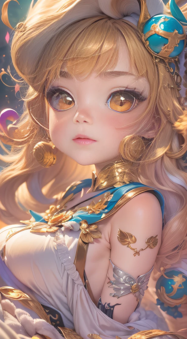 (Girl with golden hair)(Best quality, A high resolution, Vivid colors, (Cartoon Goddess), (comic strip))Forged hammer pattern,Big belly,oguchi,sedate,massiness,Shiny and warm