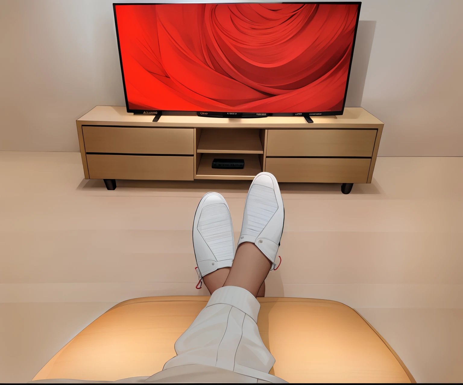 There is a television on a stand with a red screen in an extremely luxurious room you can see the crossed legs wearing slippers on a coffee table, of someone watching TV, QLED, intrincado altamente detalhado 8 k, intrincado detalhado 8 k, hiperreal altamente detalhado 8 k, renderizado em 32k huhd, 8K altamente detalhado, 8K altamente detalhado, 8k texturizado altamente detalhado, Textura altamente detalhada 8K, Estendido para 4K, Estendido para 4K