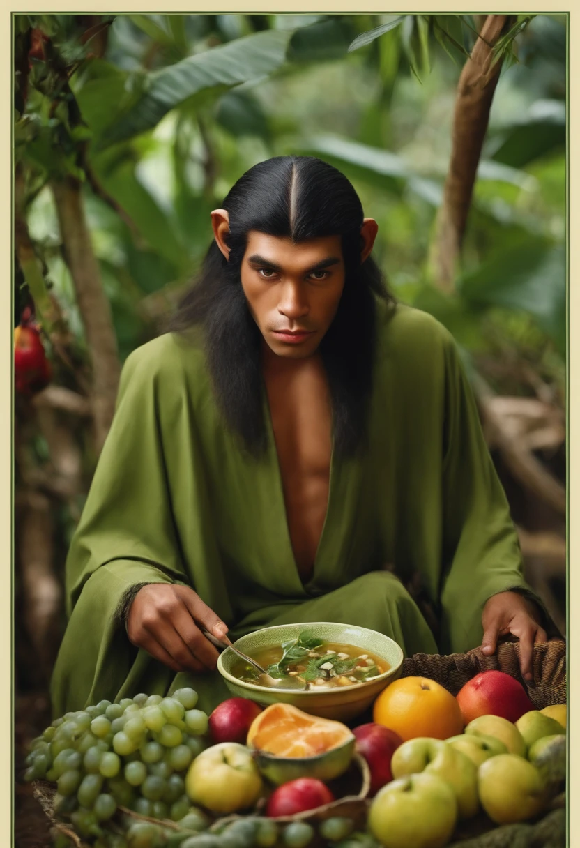 rei jovem, aparencia de 19 anos, sentado no trono com poucas roupas e cabelos ruivos naturais, olhos verdes, other men serving him fruit and one of them is offering the king a monkey soup