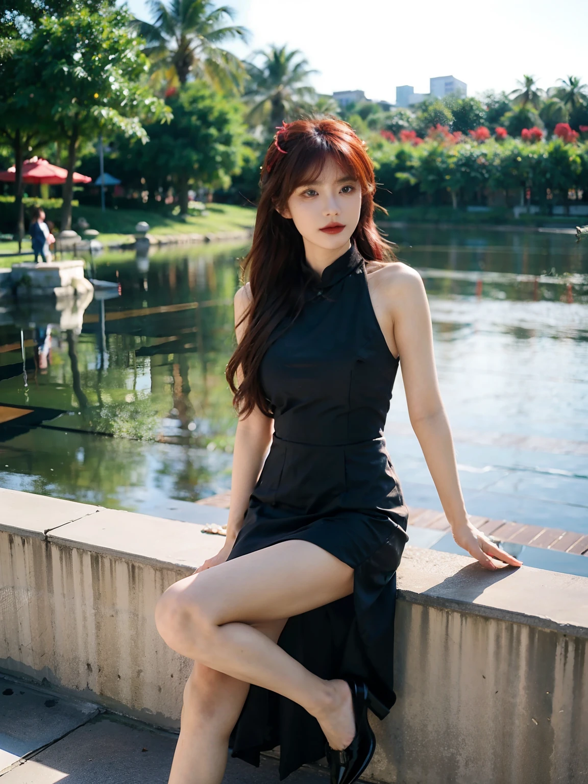 ((top-quality,16k,tmasterpiece:1.3)),Aya Shiina,28 years old Asian female,Beautiful Women in Perfect Shape:1.3,(((Red hair))),((lewd poses)),Rose flower(((Black wedding dress))),(((Have by the sea))),(((shift dresses))),((Black high heels))),((In the city))