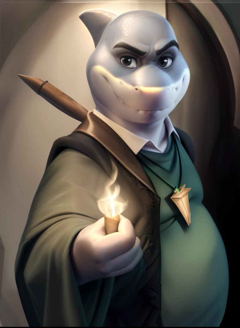 mr shark, masterpiece, volumetric lighting, beautiful textures, plump, fat, belly, black eyes, (pose:1.3), (posing:1.3), (soft shading), 4k, hi res, five fingers, detailed hands, ((detailed face, (detailed eyes:1.0), detailed)), (full body), by zackarry911, by zaush, (by personalami:0.5), looking at viewer, black shirt, 1boy, dressed as a Harry Potter character, wizard robe, ((emerald green robe)), Slytherin house, magic wand, Harry Potter style wand, male focus, open clothes, pants, ((black shirt)), dog tags, (black pants), (((giant head, huge head, big head))),(twists, high detal, Film photography, Soft focus, RAW candid cinema, Photorealism, Realistic, Photorealistic, analogue style, Subsurface scattering, masutepiece,