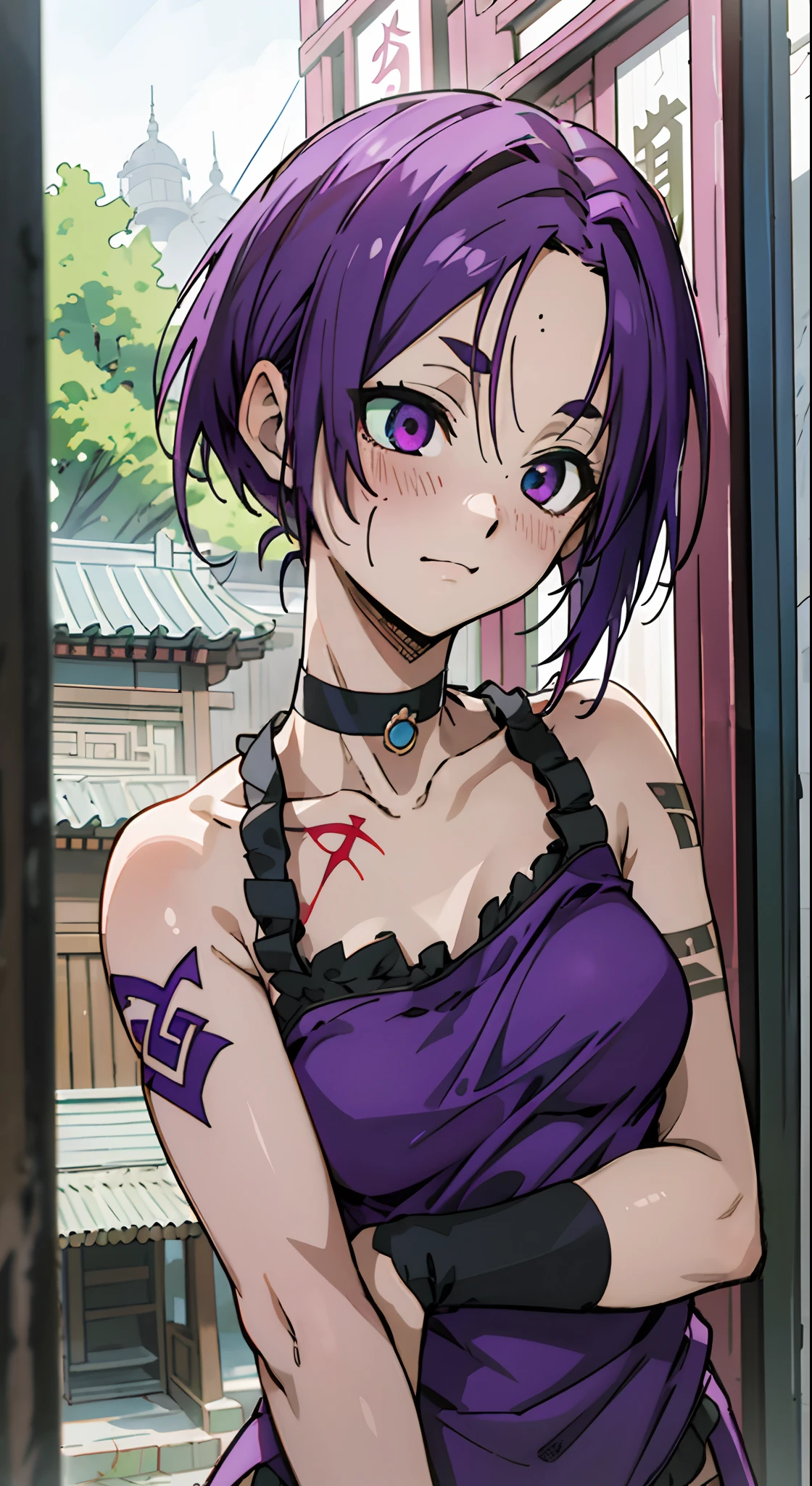 Masterpiece, Best quality, Ultra-detailed, Colorful,take up close, Hyper-detailing，purple color hair, reo mikage, bluelock, no sleeves, camisole and cheongsam, chinese clothes, chest exposure, underwear, frilly underwear, the kinky is exposed, choker, black choker, arm warmers，relative area, Ritual tattoos on the body, sexy breasts, scar, big breasts, red blush, 1girl, Solo, sharpy face, heterochromia, green eyes, purple eyes, Bare neck, happiness face, rays of sunshine, brautiful sky, shining sky, shanghai village, slum town