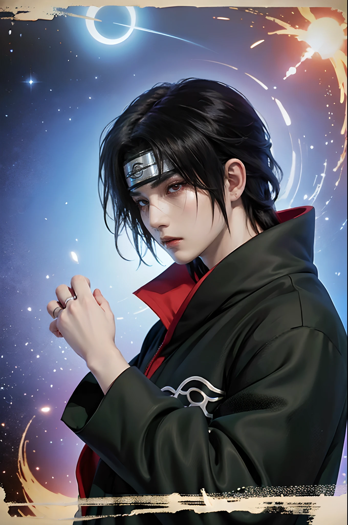 ((4K works))、masterpiece、(top-quality)、((high-level image quality))、((One Manly Boy))、Slim body、((Date Cosplay))、((Uchiha Itachi))、((Cosplay))、(Detailed beautiful eyes)、((Smaller face))、((Neutral face))、((18year old))、((Handsome man))、((photo of a model))、((Like a celebrity))、Professional Photos、((cosplay foto))、((Shot alone))、((shot from a side angle))、((Naruto's Akatsuki Costume))、((Shinobi Pose))