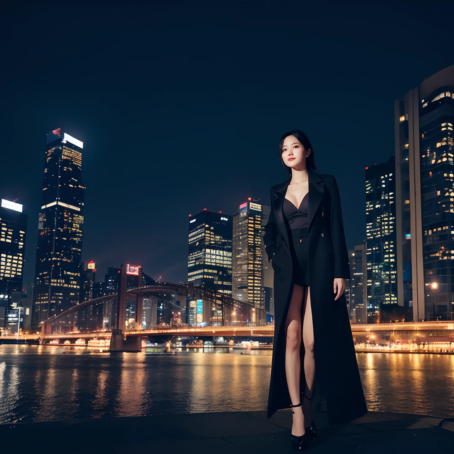 elegent、Japan  Woman、beautiful countenance、Vertical configuration、Have cleavage、Black jacket、No Underwear、nightcity、Night view building on background、Standing、Full body composition、