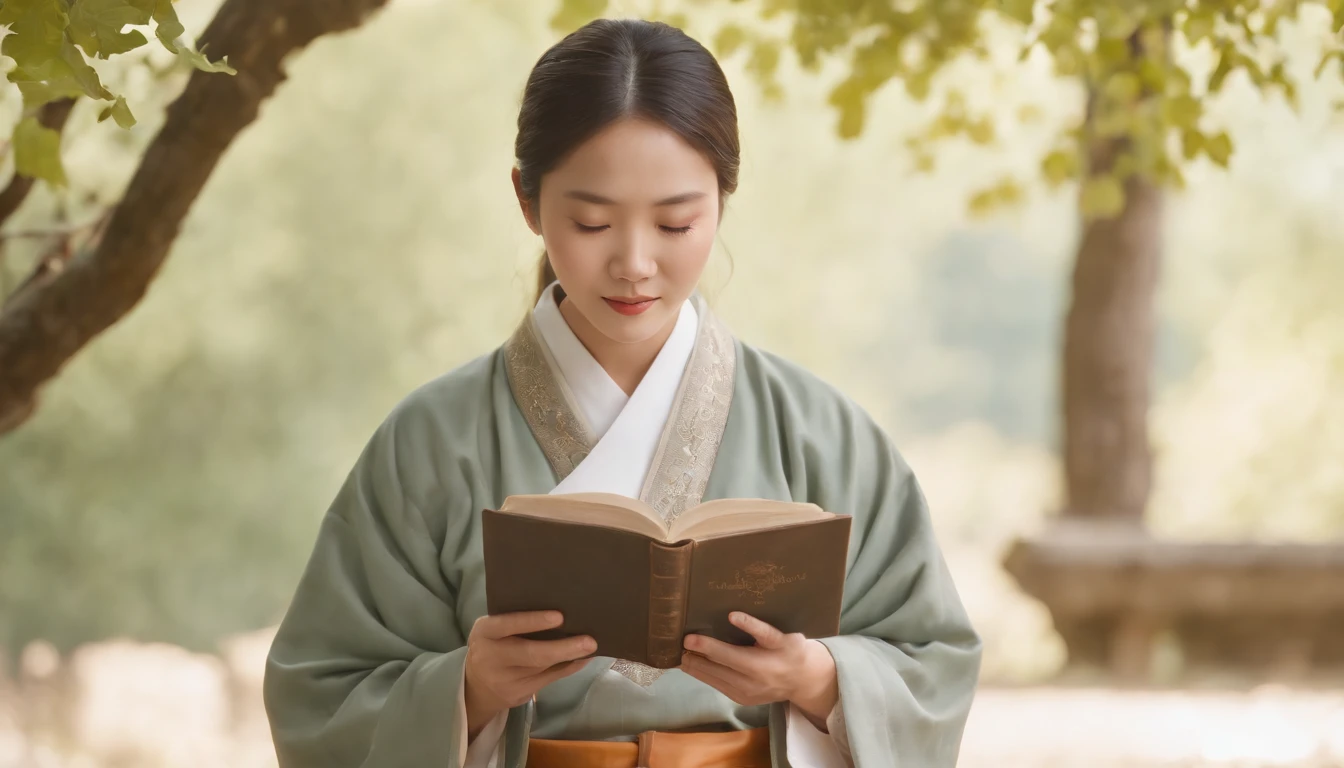 (Best Quality,Ultra-detailed,realisitic:1.37),portrait of a,Korean men and women reading the Bible,Oil Painting,Traditional Korean Costume,Peaceful garden scene,Soft sunlight,tranquil expression,wisdom,Bible Quotes,vibrant colours,delicate brushwork,subtle textures,lush greenery,Contemplative atmosphere,Beautiful picture book,Highlighted features:Eyes in focus,gentle smiling,Graceful posture,Sunlight shining through the trees,rays,Quiet surroundings,serene ambiance,A Blessed Moment