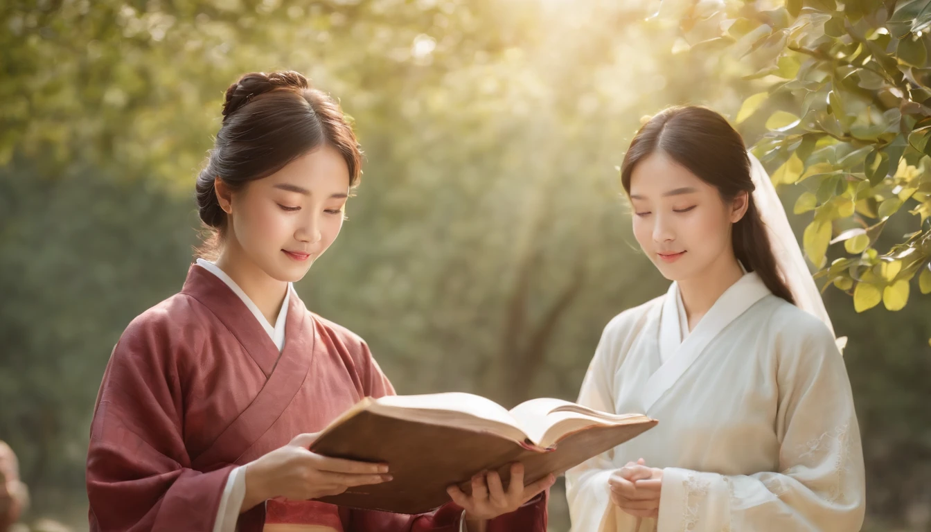 (Best Quality,Ultra-detailed,realisitic:1.37),portrait of a,Korean men and women reading the Bible,Oil Painting,Traditional Korean Costume,Peaceful garden scene,Soft sunlight,tranquil expression,wisdom,Bible Quotes,vibrant colours,delicate brushwork,subtle textures,lush greenery,Contemplative atmosphere,Beautiful picture book,Highlighted features:Eyes in focus,gentle smiling,Graceful posture,Sunlight shining through the trees,rays,Quiet surroundings,serene ambiance,A Blessed Moment