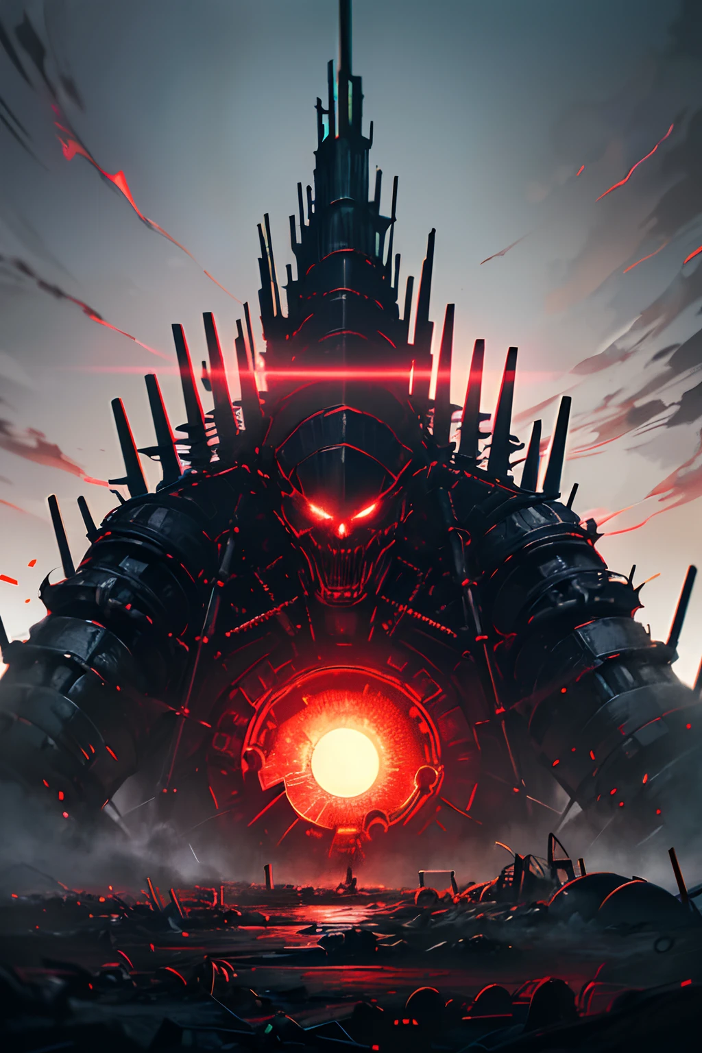 (evil robot,(((((Non-human structure)))))),(Best quality,Ultra-detailed,Realistic:1.37),(dark and moody lighting),(Metallic,industry:1.1),(Sharp and angular elements),(Sinister gaze),(Red glowing eyes:1.1),(Mechanical arms),(Ominous atmosphere),(Broken wires and sparks),(dystopian settings),(Powerful and menacing),(Sinister existence),(hauntingly beautiful),(Ominous Shadows),(Metal gears and gears),(Mechanical exoskeleton),(Advanced technology),(Imposing body),(postapocalyptic),(malicious intent),(creepy and unsettling),(Twist and twist),(Mysterious source of energy),(Intense and threatening),(A sense of foreboding),(Make creepy sounds),(futuristic design),(Tall and mighty，Homem-Imponente),(Destructive ability),(There are no signs of emotion),(unstoppable power),(Sinister threat),(Ominous silence),(There are no signs of life),(Decaying environment),(Surreal and disturbing),(Ominous warning signs),(Malicious creation),(Nightmarish vision),(Metal clanking),(Mechanical precision),(Dark hidden agenda),(Menacing presence),(Neon piercing the darkness)