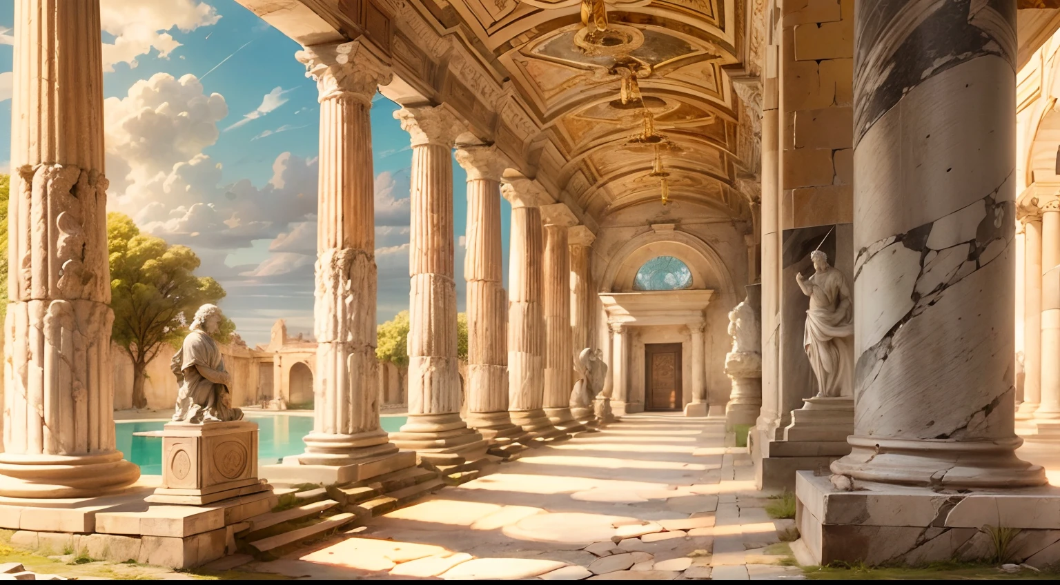 MARCO AURELIO, Villa romana del siglo 1, Sosteniendo un pergamino, stoic expression, historic portrait, Arte romano, natural  lighting, Colores terrosos, rough brushstrokes, Detalles sencillos, Marble columns, warm sunlight, muebles de madera, Serene atmosphere, Visitantes curiosos, Philosophical environment, Arquitectura romana, Classical sculptures, Ropa modesta, Ambiente digno, Wise expression
