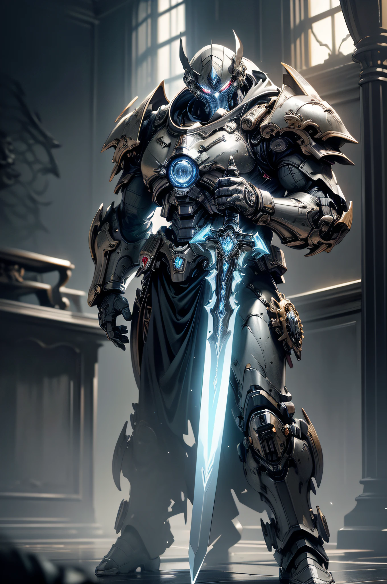 8K masterpiece, detailed, realistic, digital art, octane render, trending on artstation, action SHOT, movie poster, 1man, angelic features, A Space marine, with power energy sword, fighting in a wasteland, power armor, ornate pauldrons, Warhammer style,  Skull symbols, detailed face, (detailed hands) intricately details, Highly detailed, volumetric lighting, 4K rendering, stock photo, Ultra photo realism, Lifelike texture, Dramatic lighting, illusory engine, Discreet lighting, gloomy atmosphere, dark shadows, subtle highlights, mysterious aura, panoramic photography, wide-angle perspectives intricately details, Highly detailed, volumetric lighting, 4K rendering, stock photo, Ultra photo realism, Lifelike texture, Dramatic lighting, illusory engine style