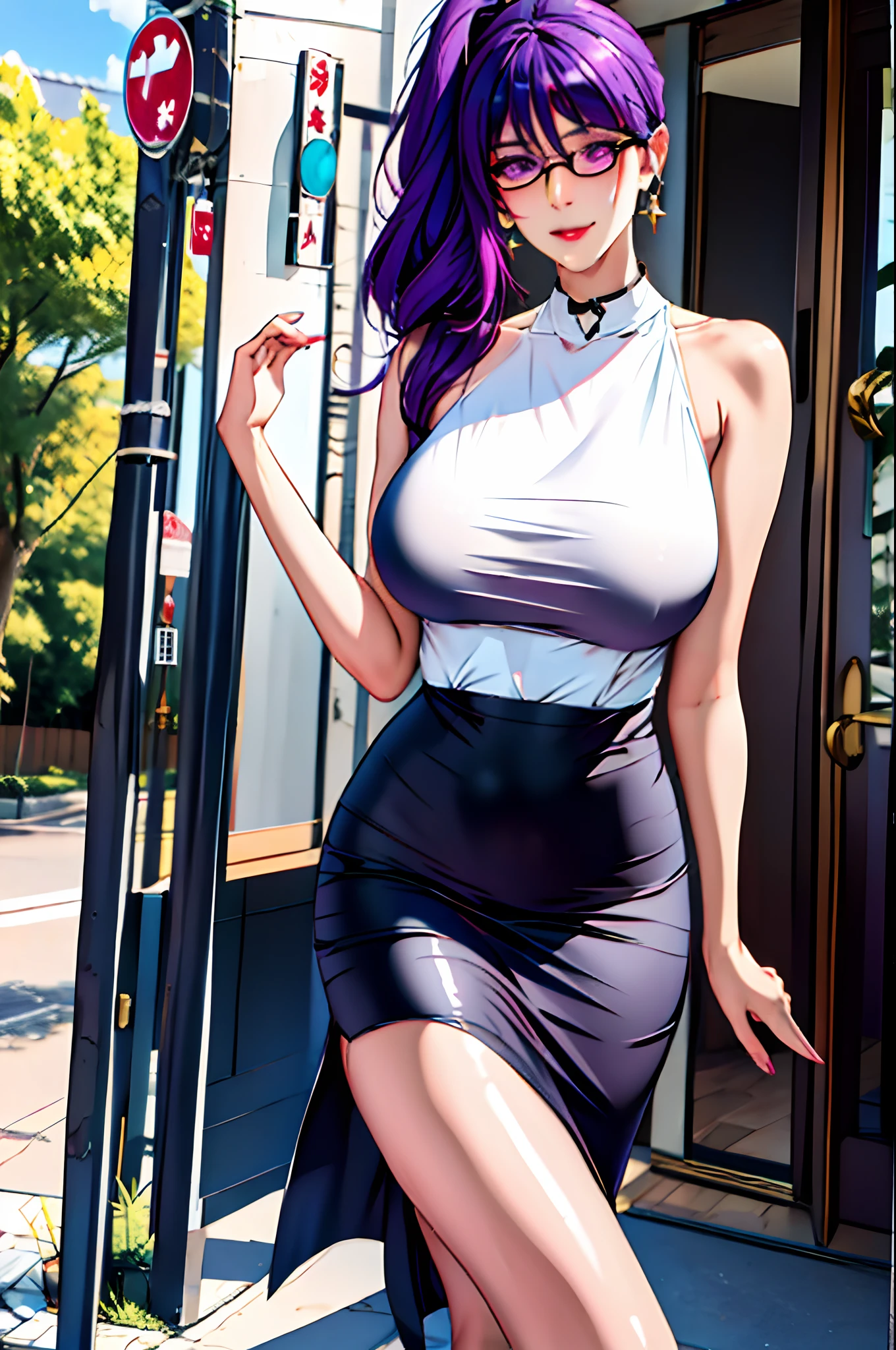 1girll, Purple eye, 独奏, sun glasses, Purple colored hair, glasses on head, looking at viewert, ssmile, 耳Nipple Ring, jewely, Turn Back, By bangs, tougue out, Star Kafka,, Shiny, Glossy glossy skin, a mature female,Kitagawa Uyudo house style, anime visual of a young woman,Focus on the face Delicate and beautiful face High ponytail,城市,Outdoors,Stand up,long leges,Mature woman,Big breasts wife,Married Woman,Mature woman,office lady,(Masterpiece), (Best quality), (Ultra detailed),(Disheveled hair),huge tit,Stiletto heels,Slender and tall,Exquisite details,The feet are delicate