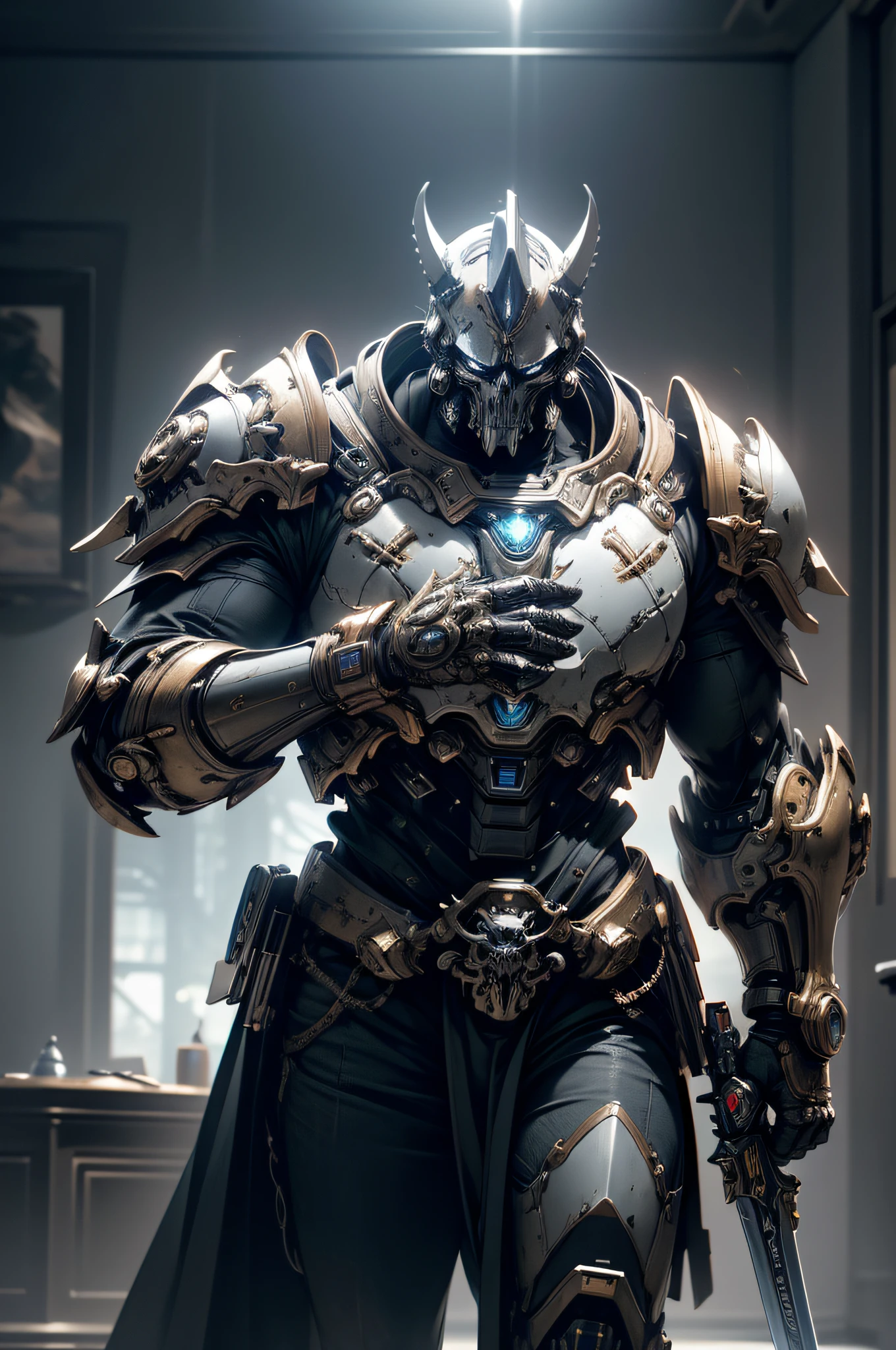 8K masterpiece, detailed, realistic, digital art, octane render, trending on artstation, action SHOT, movie poster, 1man, angelic features, A Space marine, with power energy sword, fighting in a wasteland, power armor, ornate pauldrons, Warhammer style, Skull symbols, detailed face, (detailed hands) intricately details, Highly detailed, volumetric lighting, 4K rendering, stock photo, Ultra photo realism, Lifelike texture, Dramatic lighting, illusory engine, Discreet lighting, gloomy atmosphere, dark shadows, subtle highlights, mysterious aura, panoramic photography, wide-angle perspectives intricately details, Highly detailed, volumetric lighting, 4K rendering, stock photo, Ultra photo realism, Lifelike texture, Dramatic lighting, illusory engine style