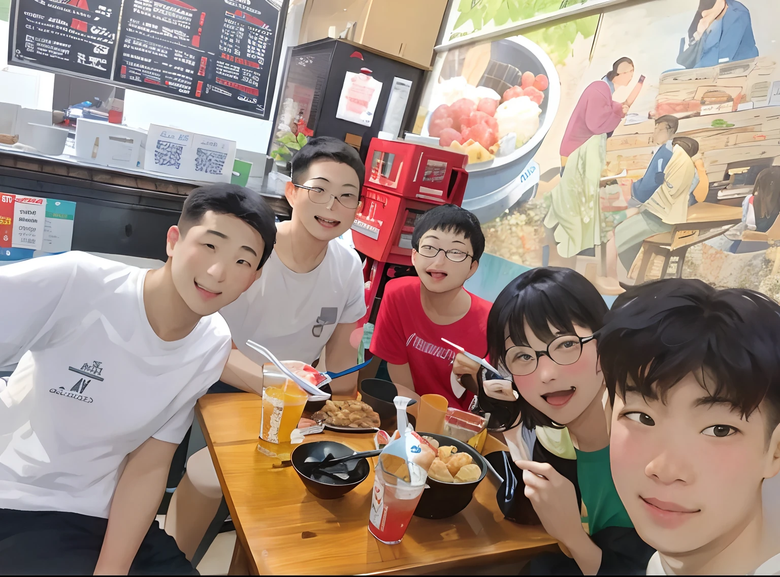 Several people sat at a table,Food and drinks in front of you, photograph taken in 2 0 2 0, Group photo, Student, A picture, Eating, old picture, mukbang, taken in 2022, taken in the early 2020s,Look at the camera