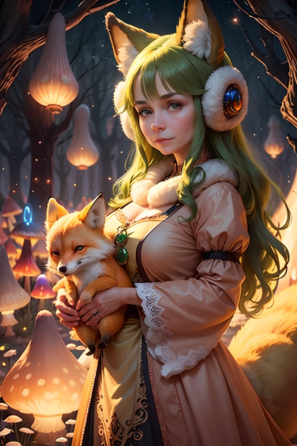 Picture a whimsical digital illustration of an endearing mature lady with expressive green eyes, wearing an adorable fox costume with fluffy ears and a bushy tail, surrounded by a fantastical realm of oversized mushrooms and glowing fireflies, producing a high-resolution image