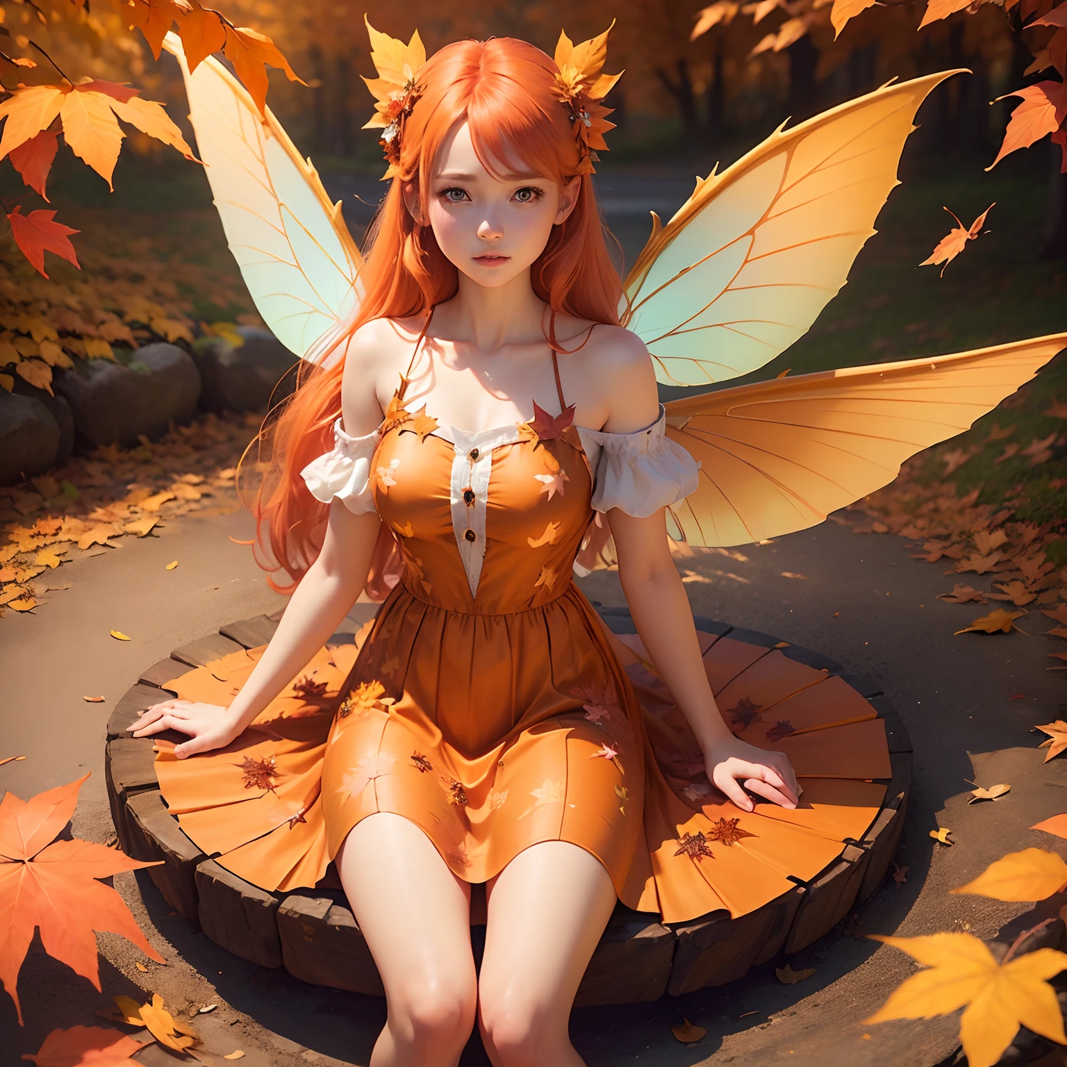 (Best Quality,Ultra-detailed,Realistic:1.37)、Autumn Fairy、An 18-year-old woman、Autumn personification、(Sharp eyes:1.5)、Bewitching look、orange color hair、Fairy with wings、(Flashy clothes with autumn leaves motif、Emphasis on the characteristics of autumn leaves)、(autumn leaves in the air:1.5)、Autumn landscape、Full body