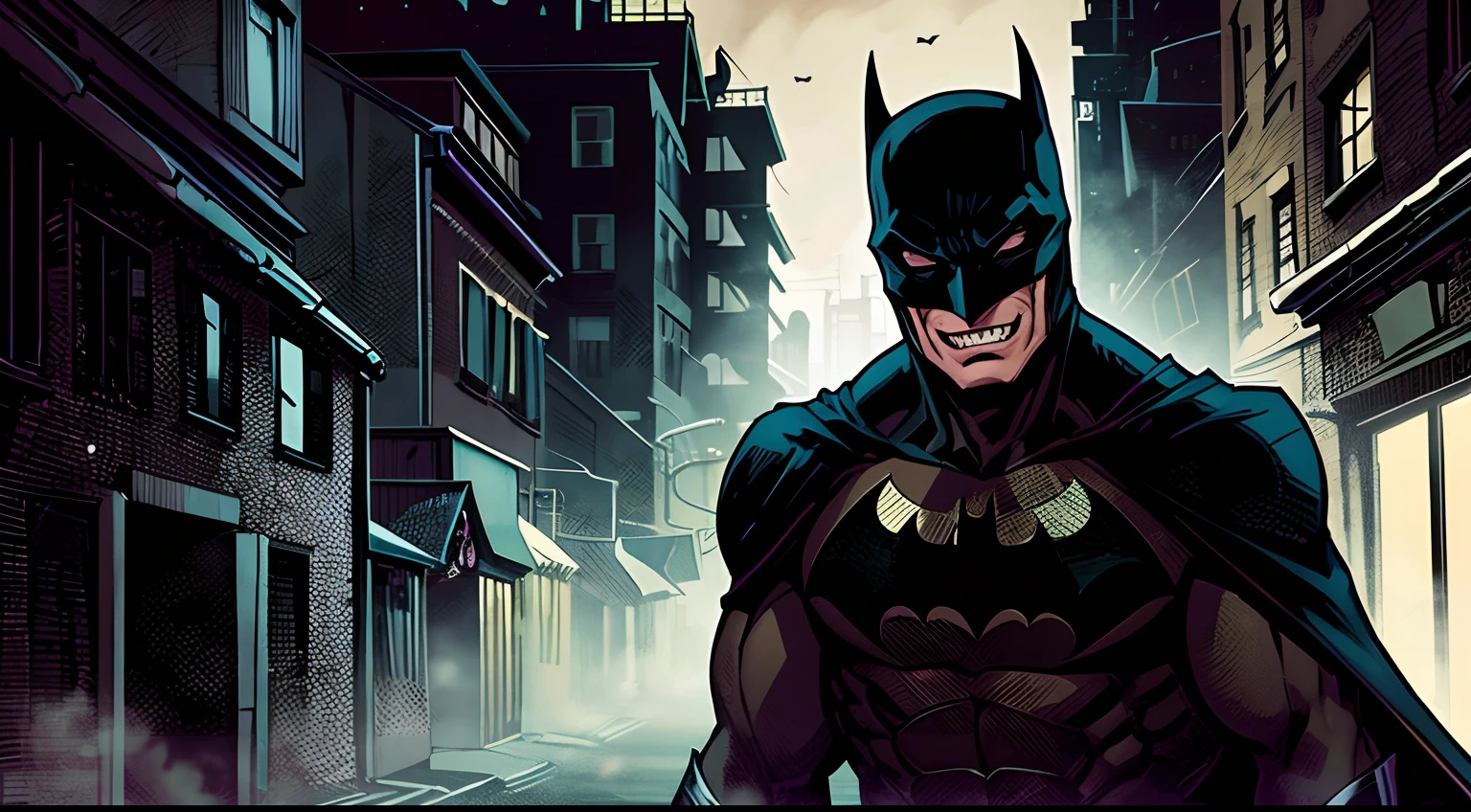batman, closup face, dark shadowy figure, creepy laugh, scary, gotham city alley background, night time