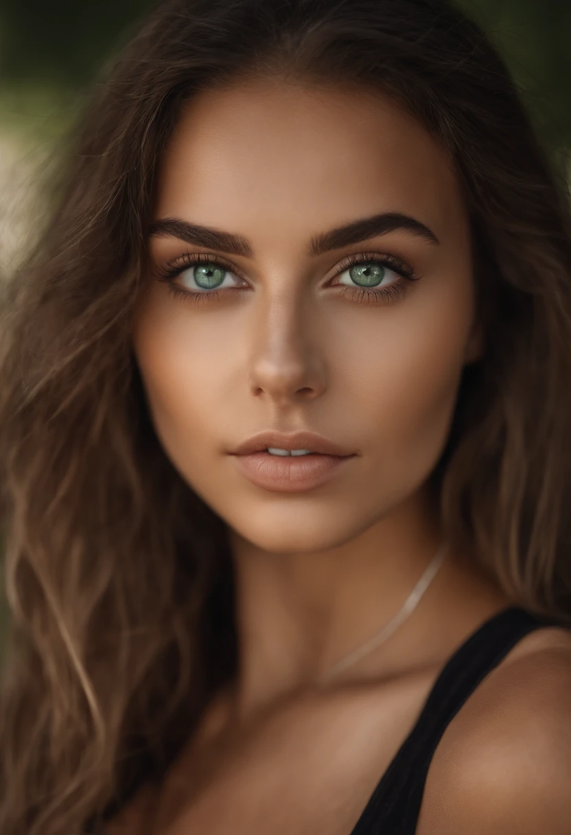 Arafed woman with a white tank top and necklace, fille sexy aux yeux verts, Portrait Sophie Mudd, cheveux bruns et grands yeux, selfie of a young woman, Yeux de chambre, Violet Myers, sans maquillage, maquillage naturel, looking straight at camera, Visage avec Artgram, Maquillage subtil, Superbe photo du corps entier, piercing green eyes