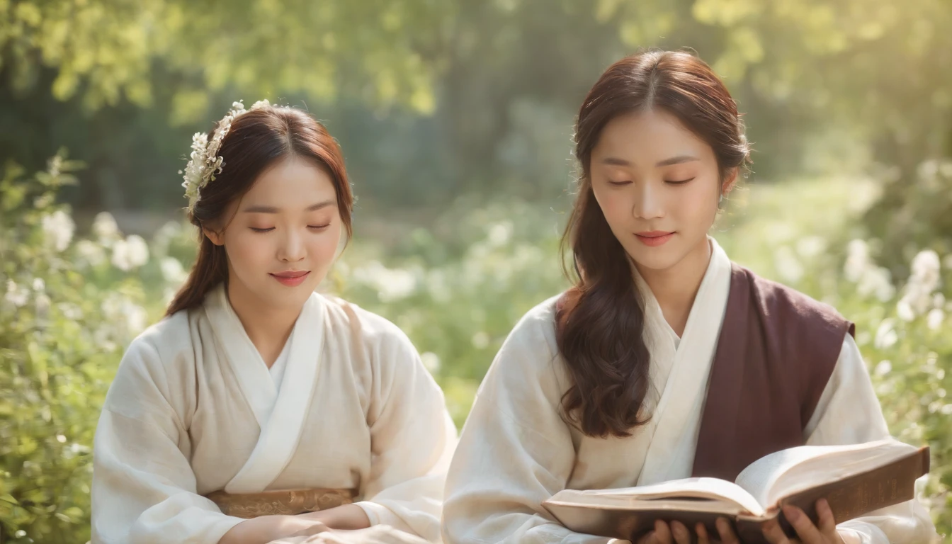 (Best Quality,Ultra-detailed,realisitic:1.37),portrait of a,Korean men and women reading the Bible,Oil Painting,Traditional Korean Costume,Peaceful garden scene,Soft sunlight,tranquil expression,wisdom,Bible Quotes,vibrant colours,delicate brushwork,subtle textures,lush greenery,Contemplative atmosphere,Beautiful picture book,Highlighted features:Eyes in focus,gentle smiling,Graceful posture,Sunlight shining through the trees,rays,Quiet surroundings,serene ambiance,A Blessed Moment