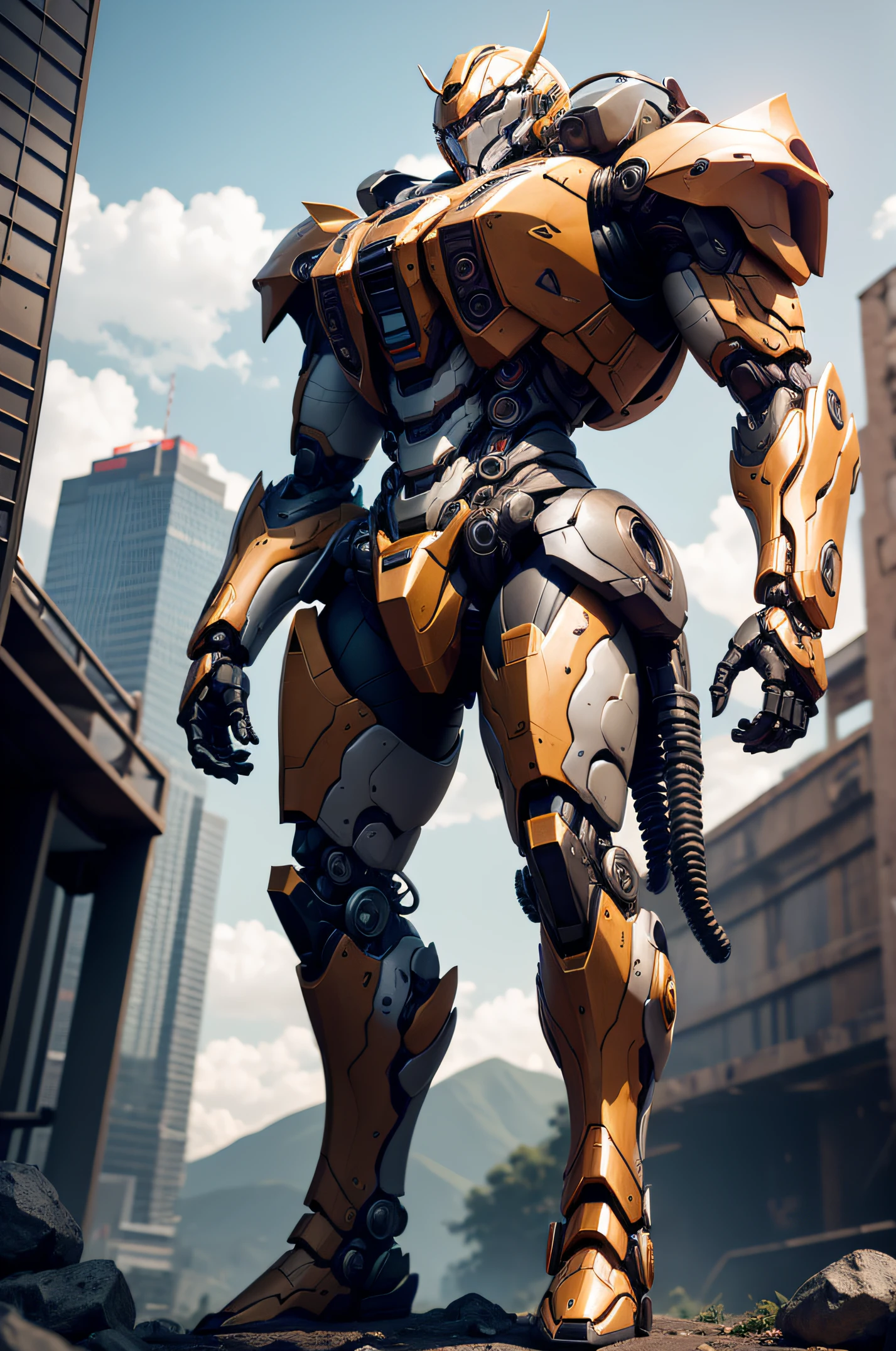 https://cdn.midjourney.com/db3ab51a-cf6c-488d-9b36-654842b64cb0/0_1.png Gundam Mech, Action Pose, Complex 3D rendering of beautiful and fascinating biomechanical male robot, Mythical Alien Jaeger Mech, powerful, evil, 3d render, in the style of natural fractal armor, Chromecore armor, Robotcore, cyberpunk, photorealistic, standing at a distance in middle of valley, wide angle view