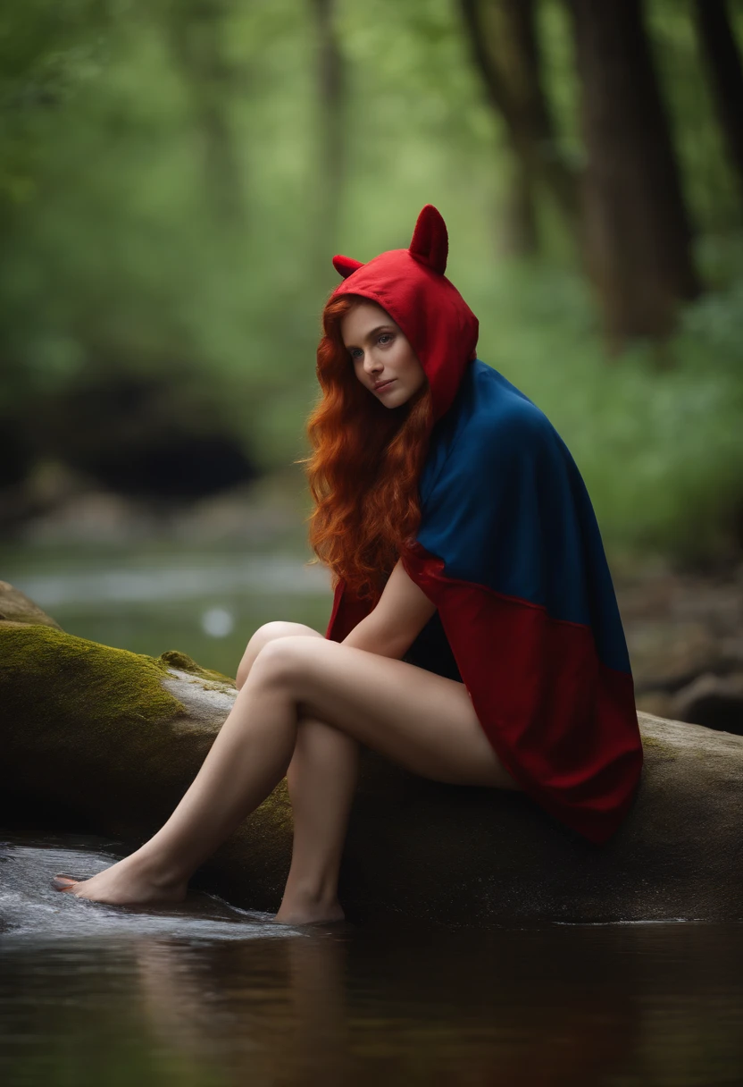 8k, best quality, (photorealistic:1.4), raw photo, 1girl, red hair, animal ears, blue hooded cape, ears sticking out, pose: sitting on a rock in a forest river, yellow eyes, wearing swimsuit